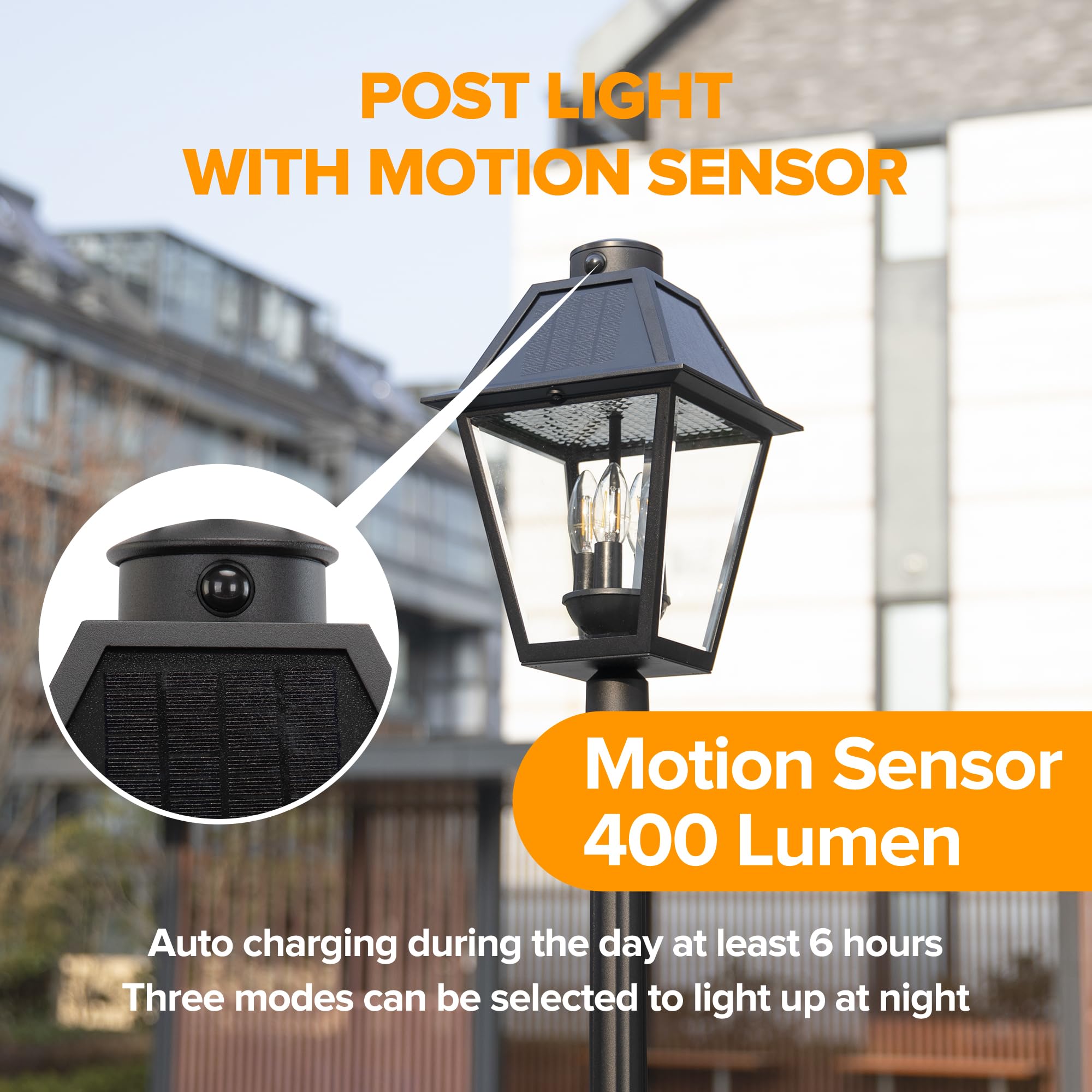 LUTEC Outdoor Solar Lamp Post Light with Motion Sensor, Waterproof, Vintage Black, Model 6974005012, Head+Post Size