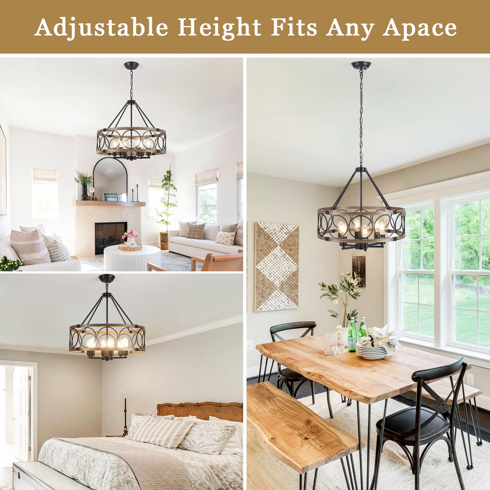 ZCHAOZ Farmhouse Chandelier, 6 Lights, 21.65" Black Drum Pendant Lighting for Dining Room, Kitchen Island, Foyer - Model D00129