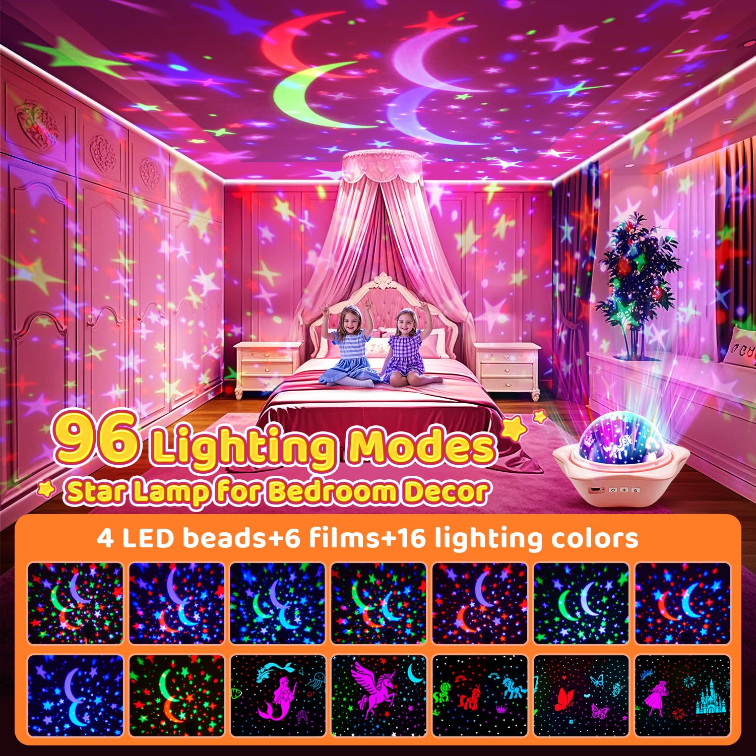 One Fire Unicorn Night Light Projector - 48 Lighting Modes, 360° Rotating, USB Rechargeable, Pink, Ideal for Kids Room Decor