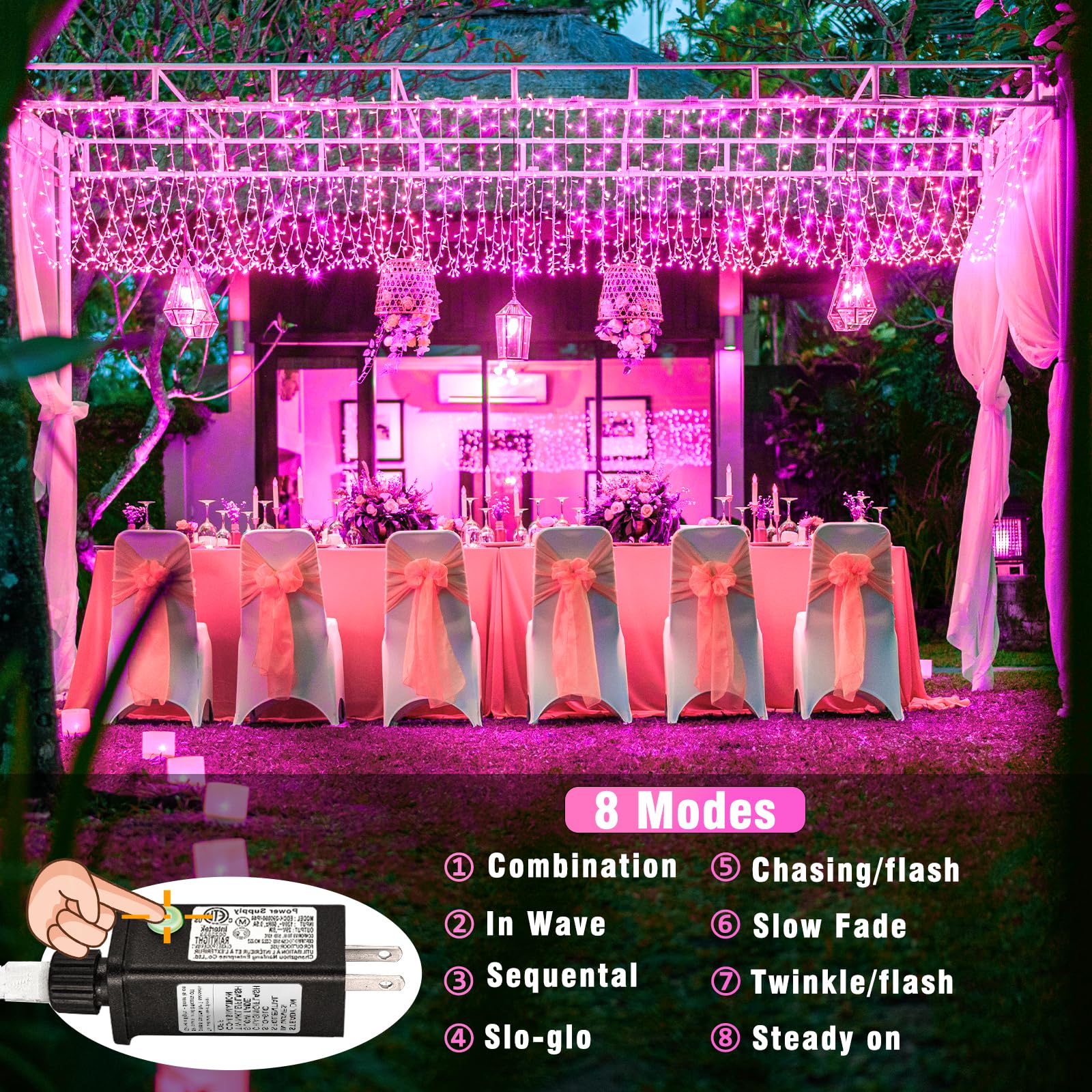 500 Led Pink String Lights, 165Ft Pink Christmas Lights Outdoor Waterproof 8 Modes Clear Wire, Plug In Twinkle Fairy Lights For