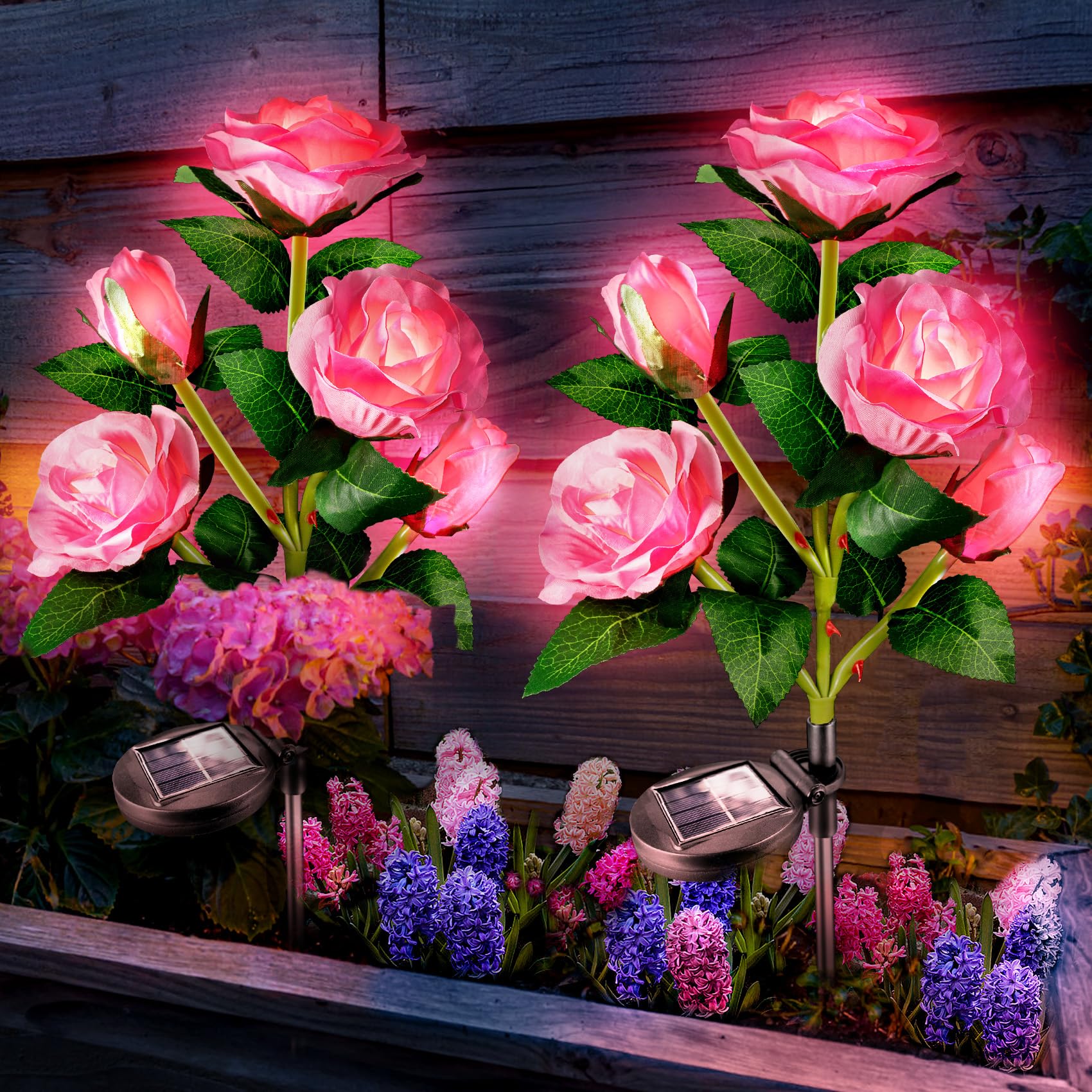 Anordsem Solar Garden Lights - Waterproof Pink Rose Lights for Outdoor Decor, 2 Pack