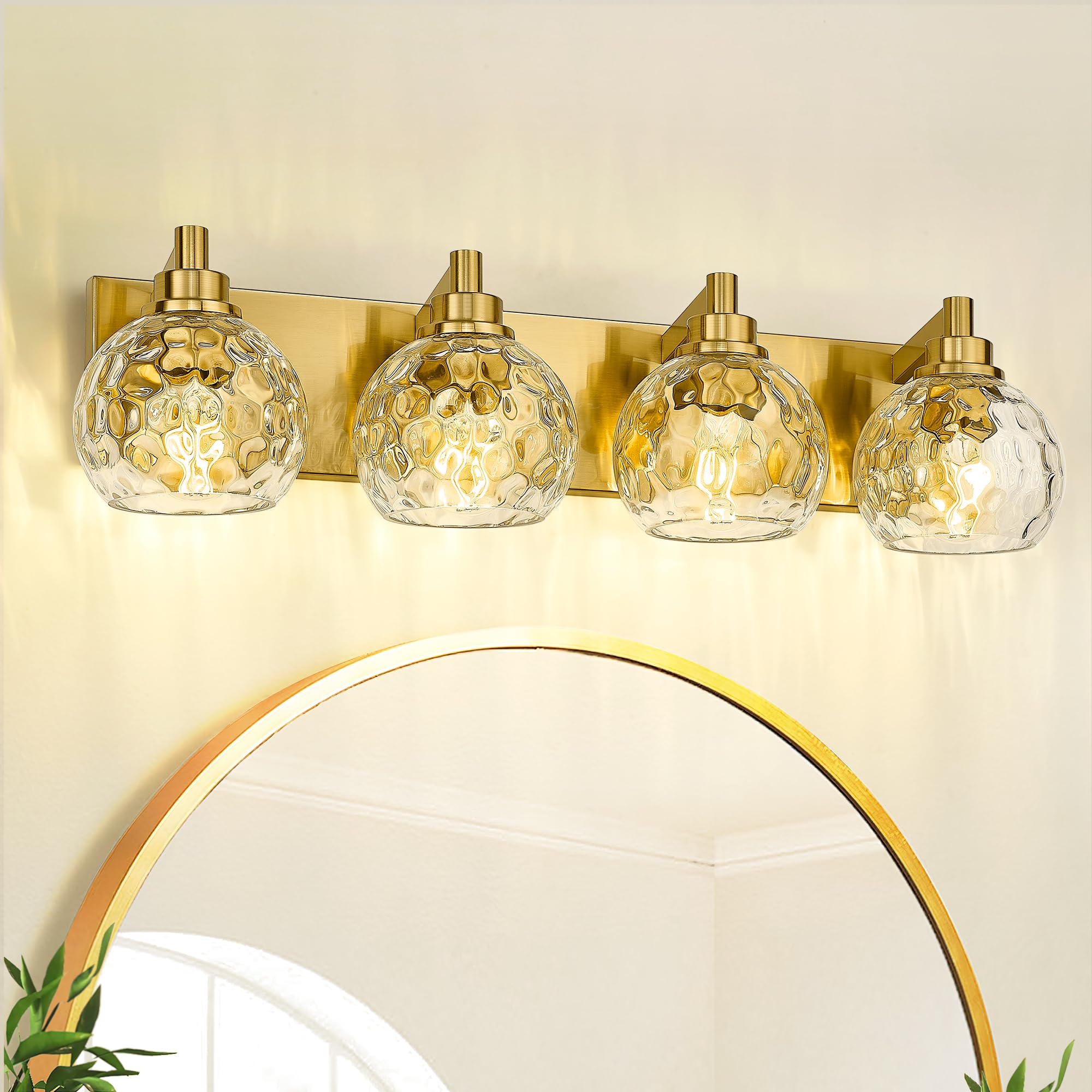METWET 4-Light Bathroom Vanity Light Fixture, Brushed Gold with Clear Hammered Glass Shade, Model VL200-BG-CL-4
