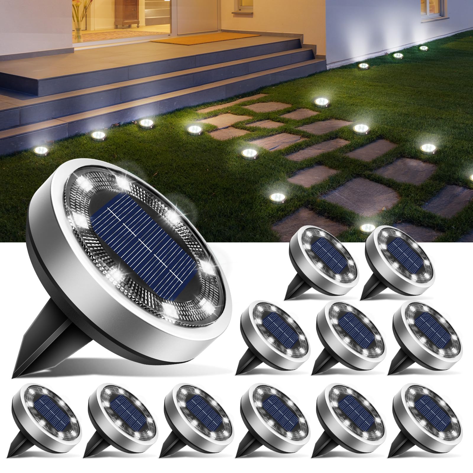 btfarm 12 Pack Solar Ground Lights Outdoor  8 LED Disc Lights IP65 Waterproof Flat Light  Pathway Light Solar Powered for Garden Lawn Patio Yard Path Landscape  Cool White