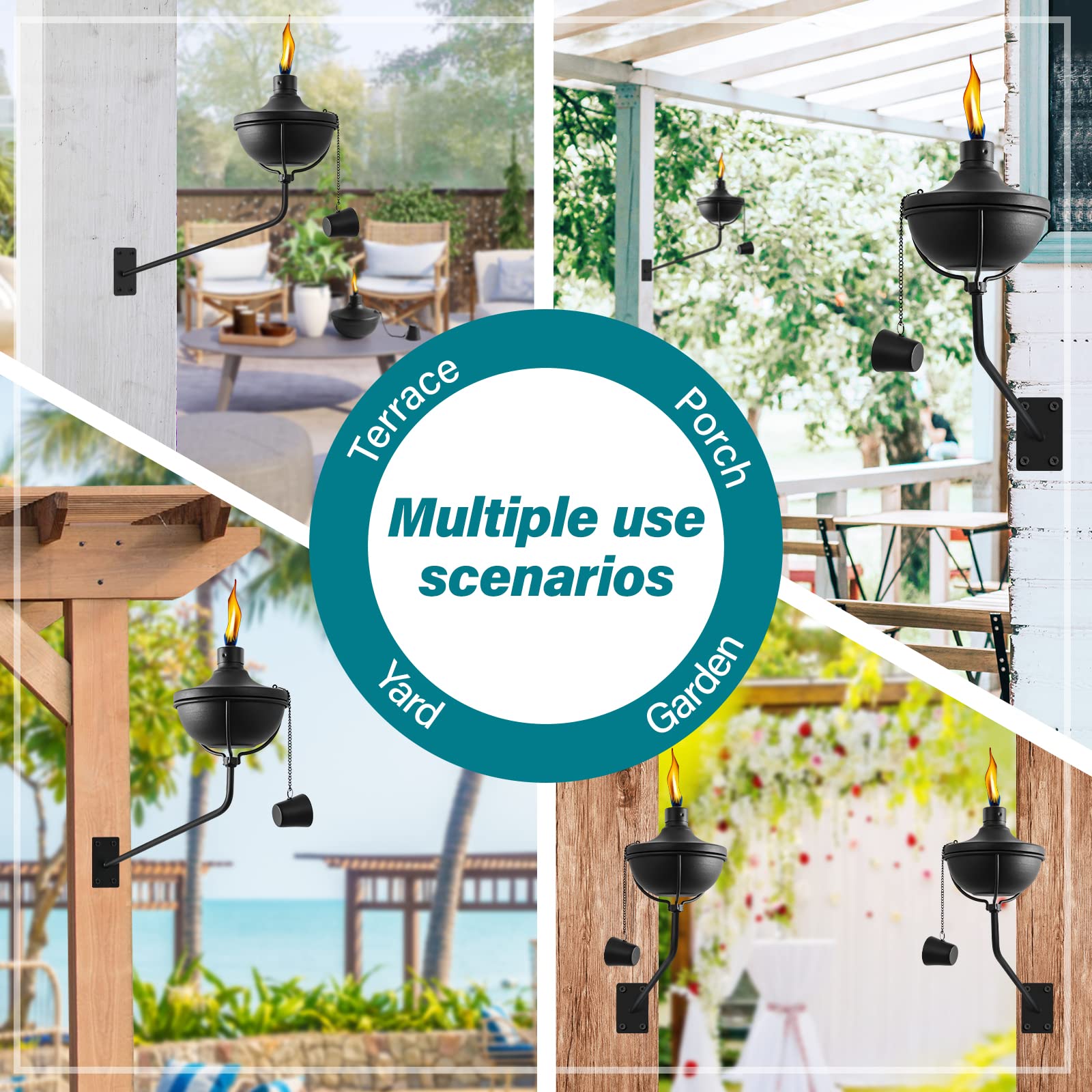 Fan-Torches Wall Mounted Citronella Torches Set Of 6, 24 Oz Garden Torches For Outside, Refillable Flame Light Torch, Outdoor Me