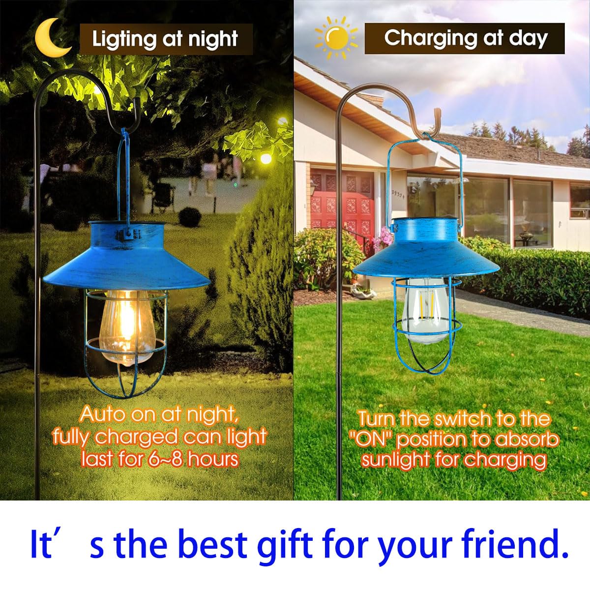 2 Pack Hanging Solar Lantern Lights With Shepherd Hook, Metal Waterproof Warm White Edison Bulb Lights For Garden Outdoor Pathwa