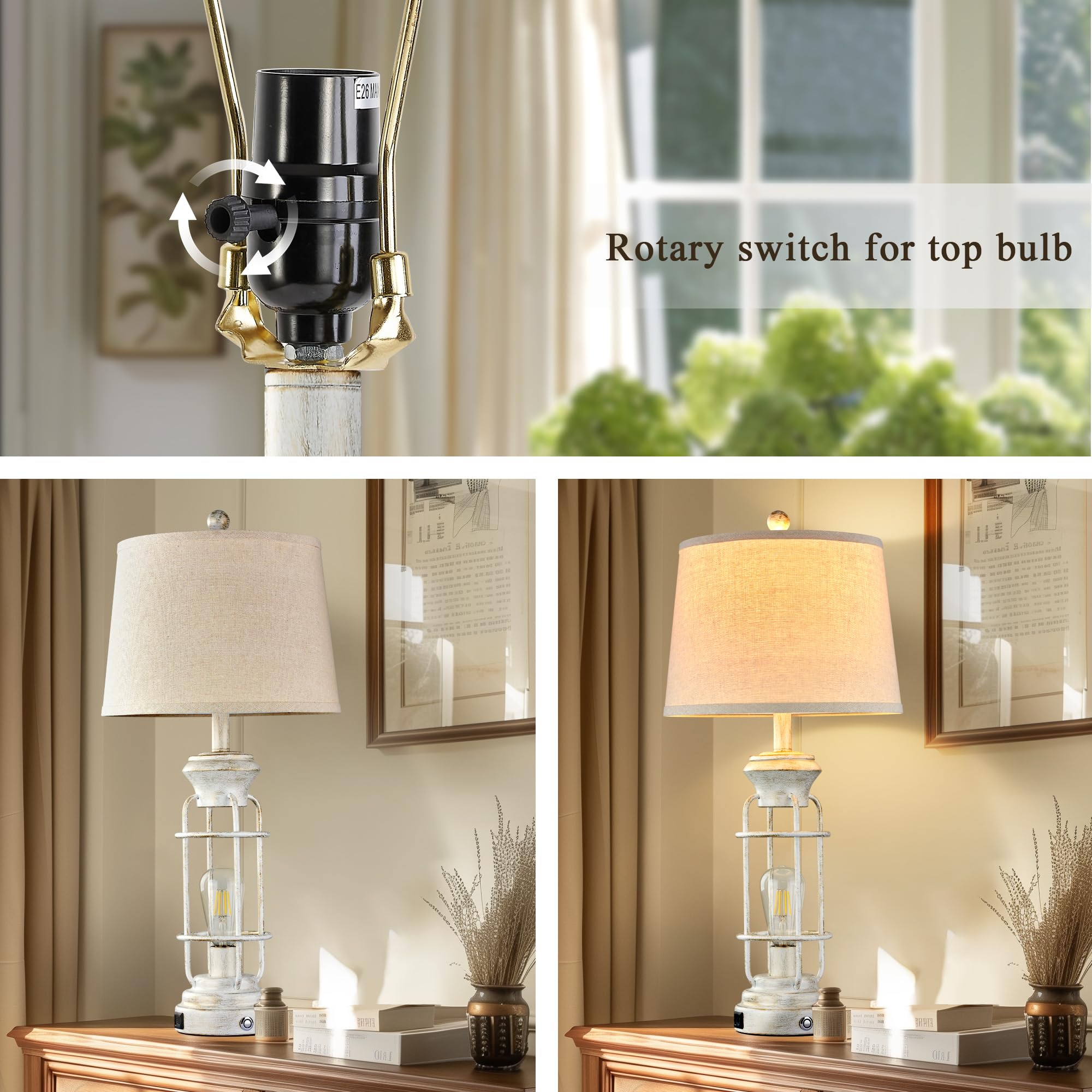 Reaketon 29.3'' Farmhouse Table Lamp Set Of 2 With Usb Charging Ports, Tall Table Lamp For Living Room,3-Way Dimmable Lamps For
