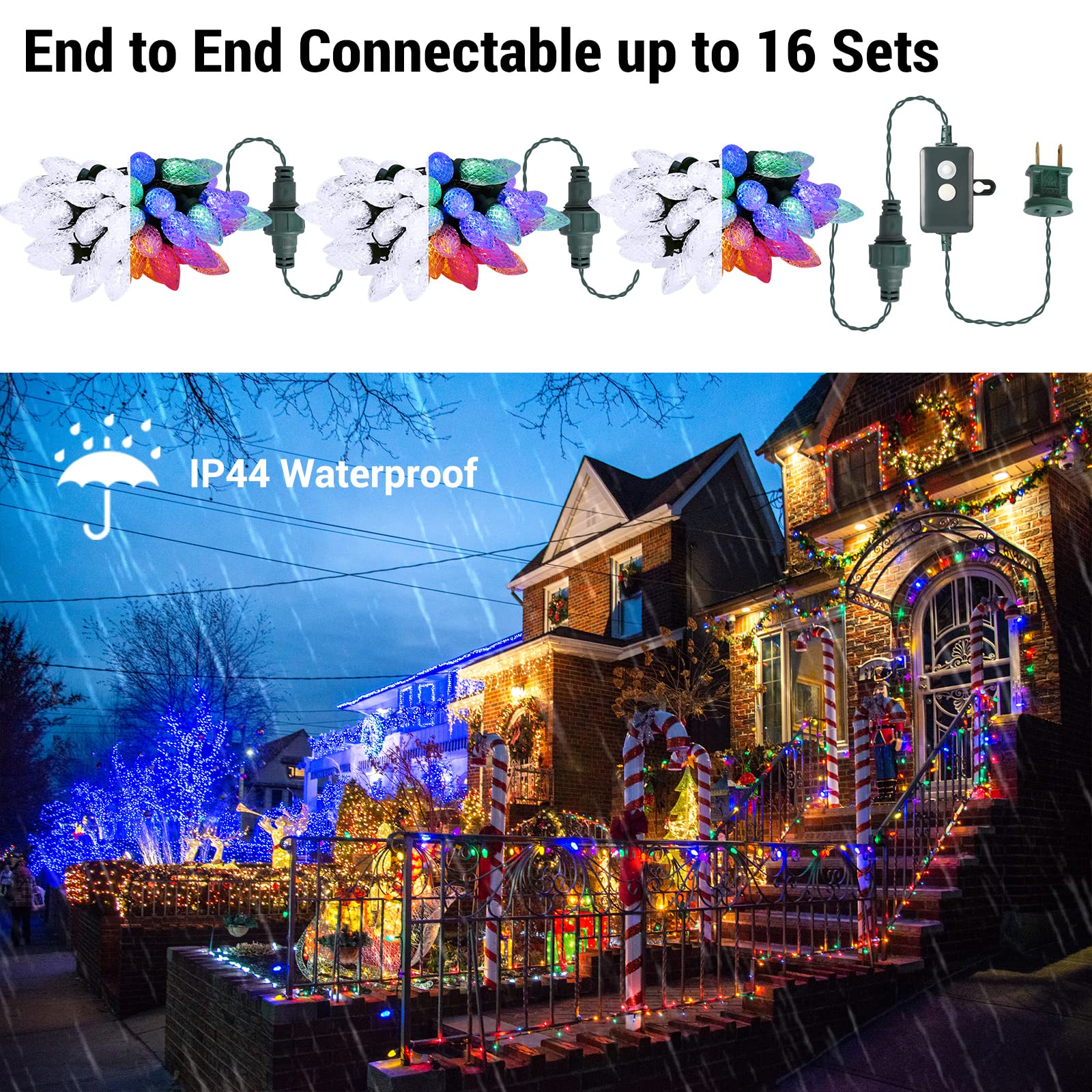 Odeetronic Cool White & Multicolor Christmas Lights, 33Ft 50 Led C9 Color Changing Tree Lights, Connectable 12 Modes Outdoor Xmas Lights With Remote, Dimmable Twinkle Lights For Home Party Wedding