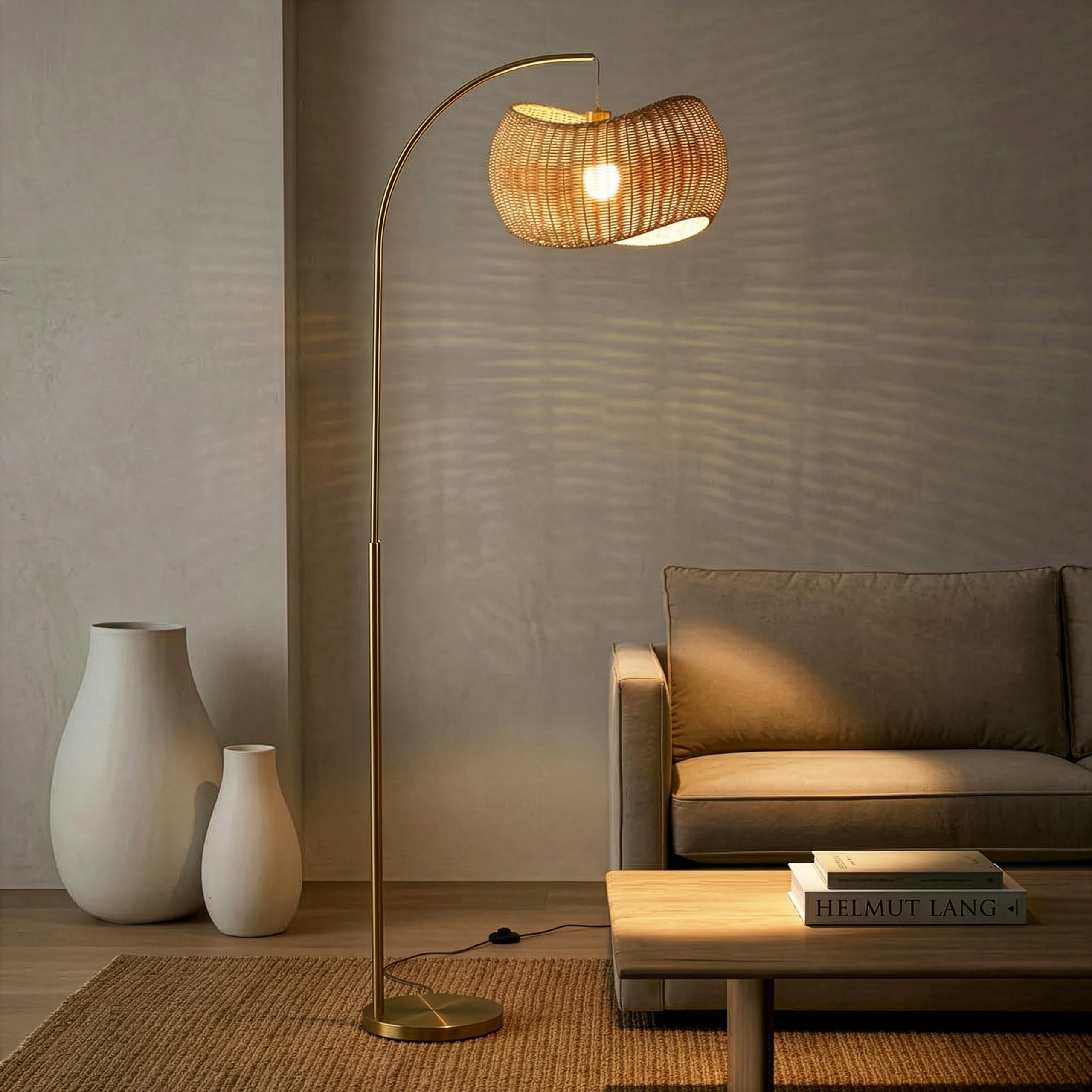 Brightech Wave Arc Floor Lamp - Chic Standing Lamp with Unique Hanging Wicker Pendant Shade for Living Room, Boho Rattan Natural