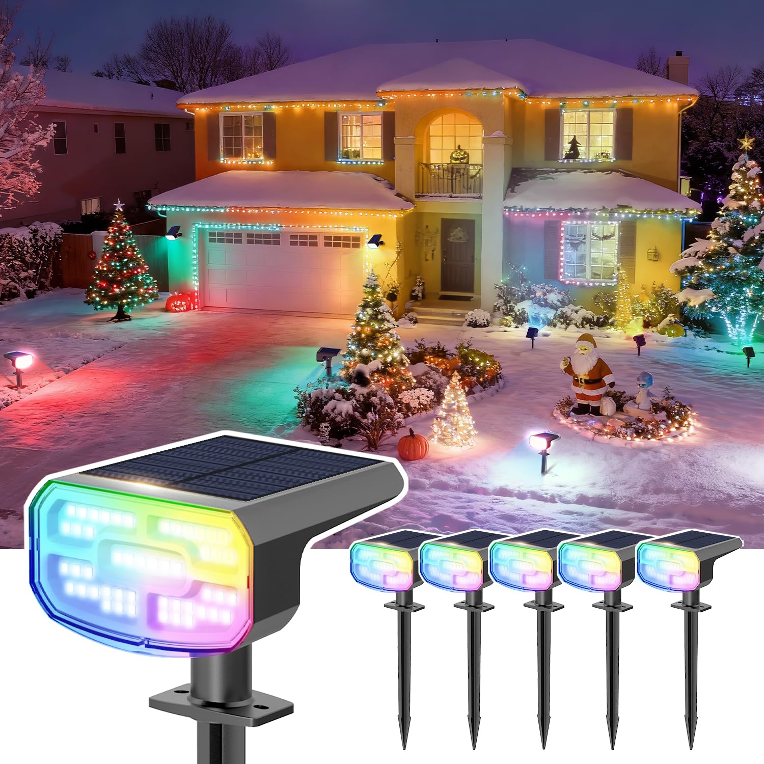 JEJOT Color Changing Solar Spot Lights Outdoor Waterproof IP65 9 Lighting Modes Multicolor RGB Christmas Spotlight for Porches Yard Gardens Landscape Deconrations-6 Pack