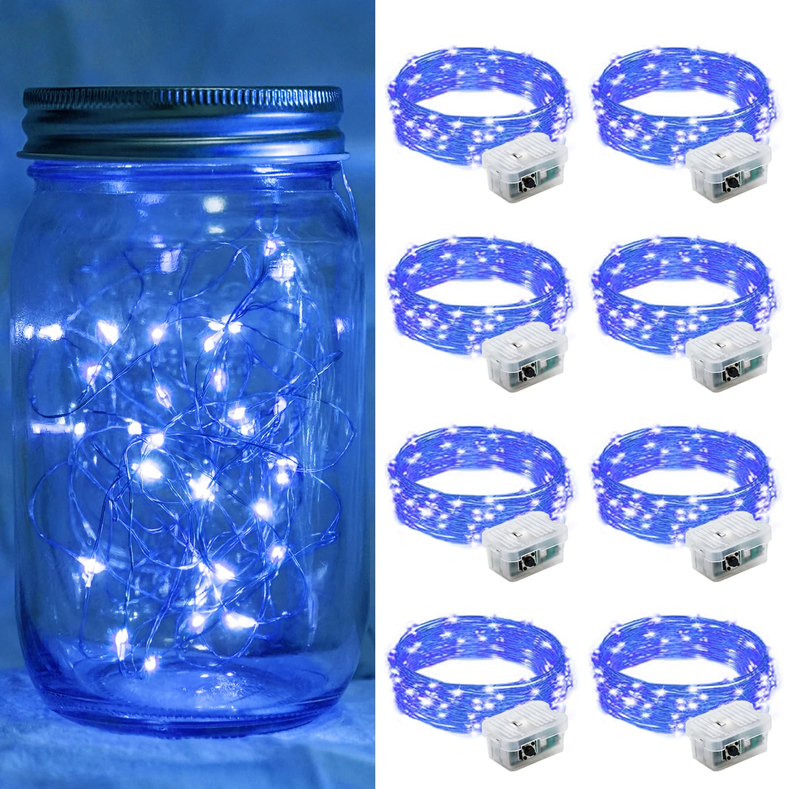 chzk LED Fairy Lights, 20 Mini String Lights, Waterproof, Battery Operated, 7Ft, Blue, Model A01-Mini, 8 Pack
