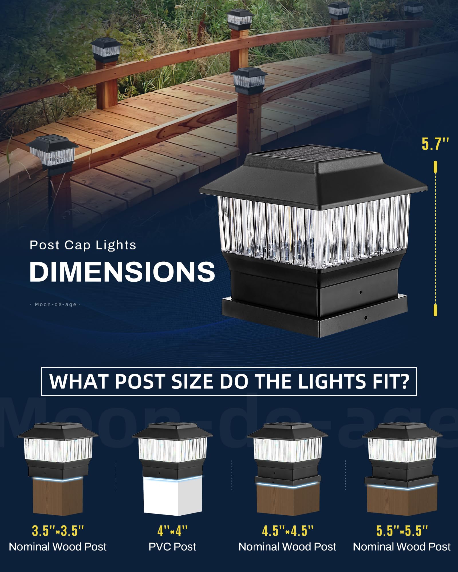 Moon-De-Age 50 Lumen Solar Post Lights, 3 Modes Outdoor Deck Fence Post Cap Lights - 4X4 3.5X3.5 4.5X4.5 Or 5.5X5.5, Led Landsca