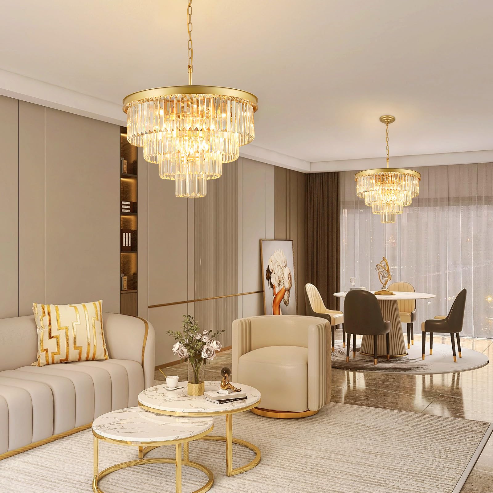 Crystal Chandeliers For Dining Room Lights Fixture Over Table  15 Lights Gold Modern Chandeliers For Living Room  4-Tier Round Crystal Lighting Fixtures For Bedroom Entryway Kitchen Island D24 Inch