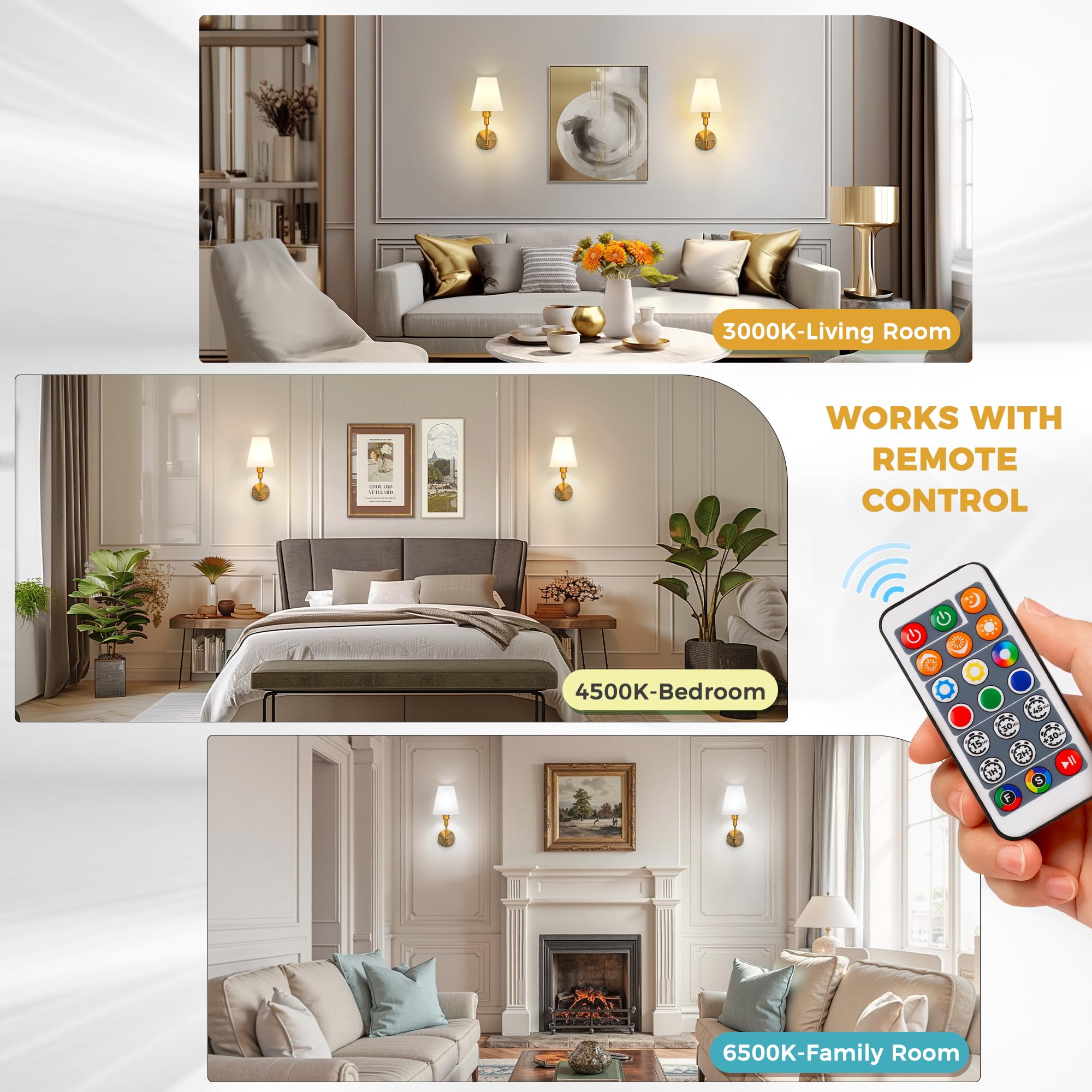 DORESshop Battery Operated Wall Sconce Set of 2, Dimmable Gold Metal 14.8in Wall Light for Bedroom, Living Room, Easy to Install