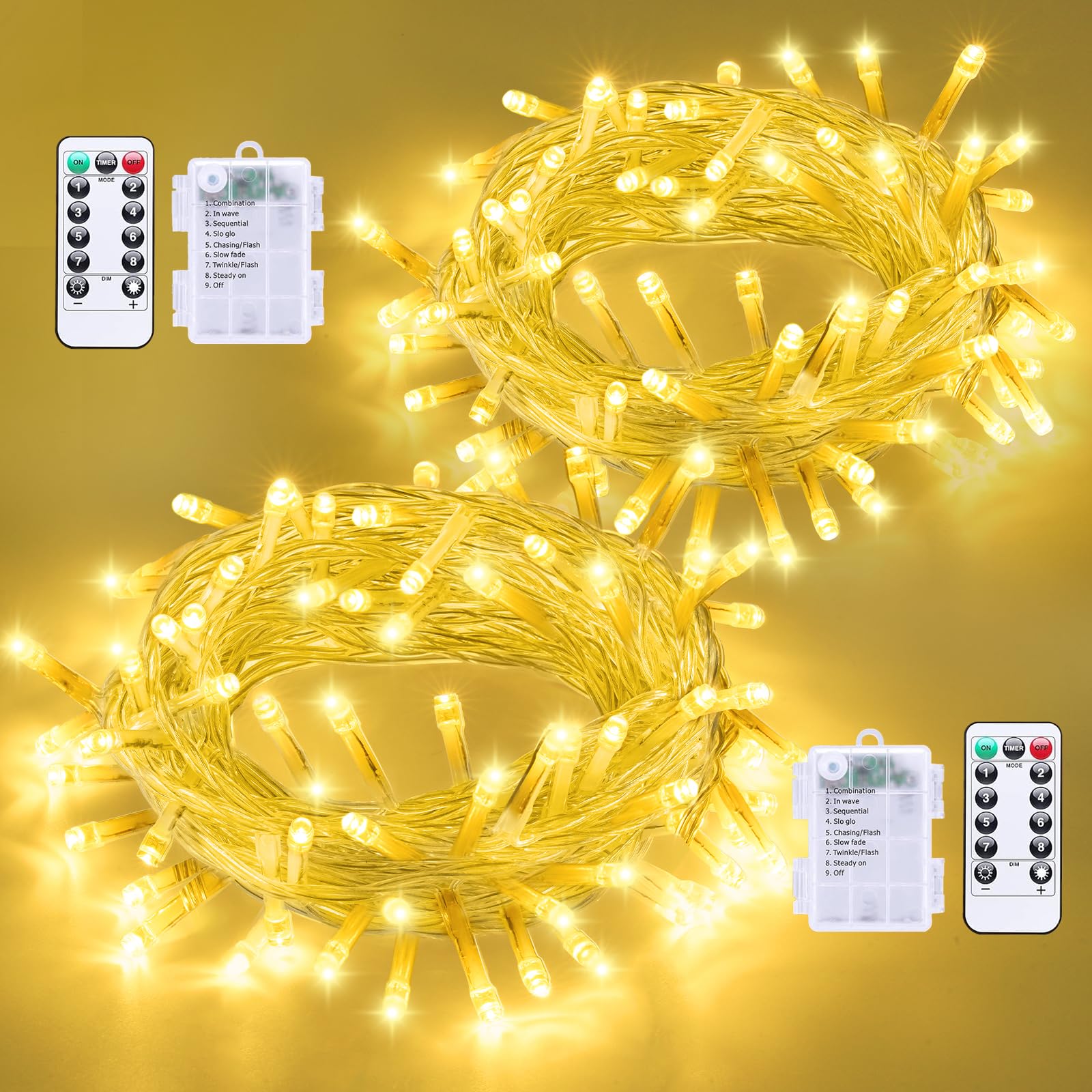 QITONG 2 Pack Battery Operated String Lights, Each 33ft 100 LED Warm White Christmas Lights Outdoor Waterproof, 8 Modes Clear Wi