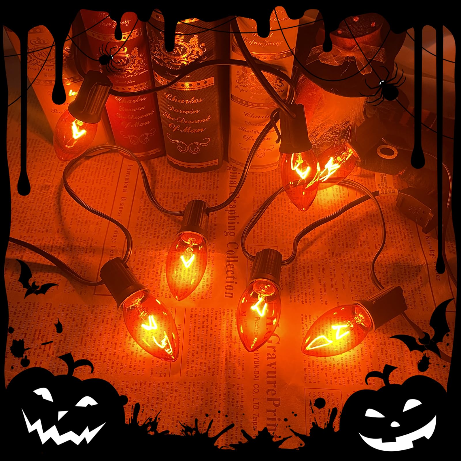 Goothy C9 Orange Christmas String Lights 25Ft Outdoor Christmas String Lights With 26 Clear Orange Bulbs, Connectable Patio Lights Waterproof For Outdoor Halloween Christmas Party Backard Decorations