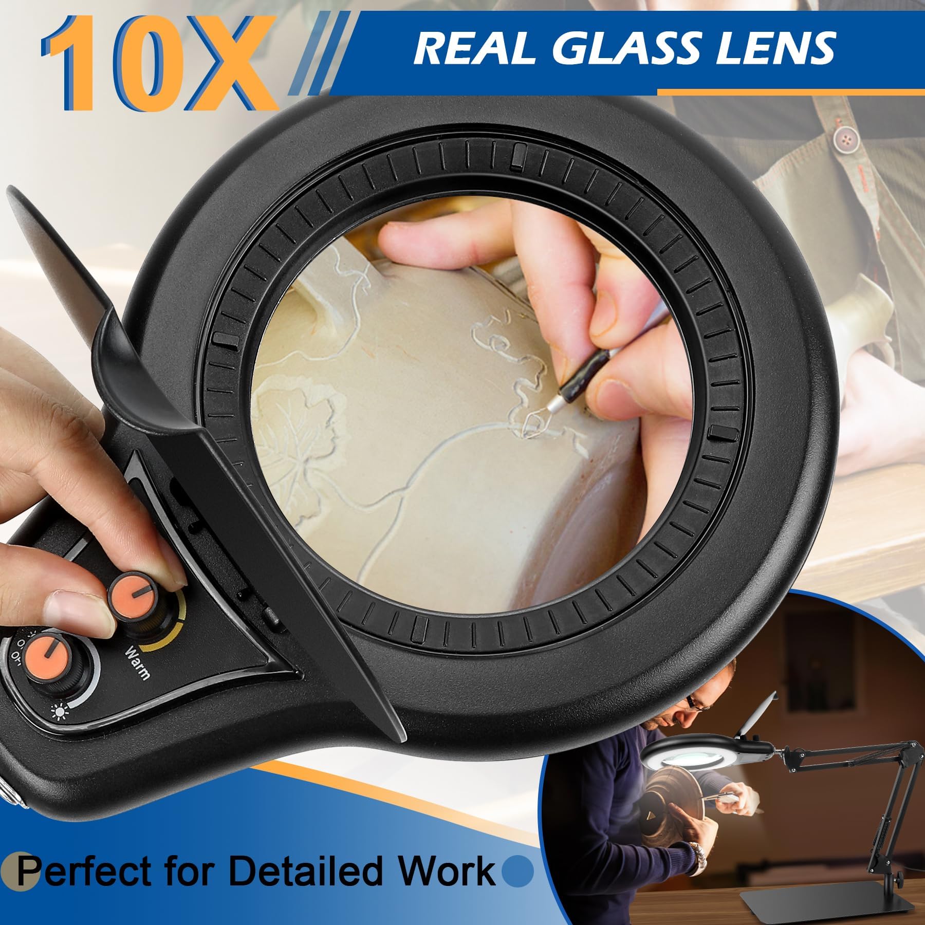 10X Magnifying Glass With Light And Stand, Magnifier With Light Hands Free, Lighted Led Magnifying Lamp Stepless Dimming Magnify