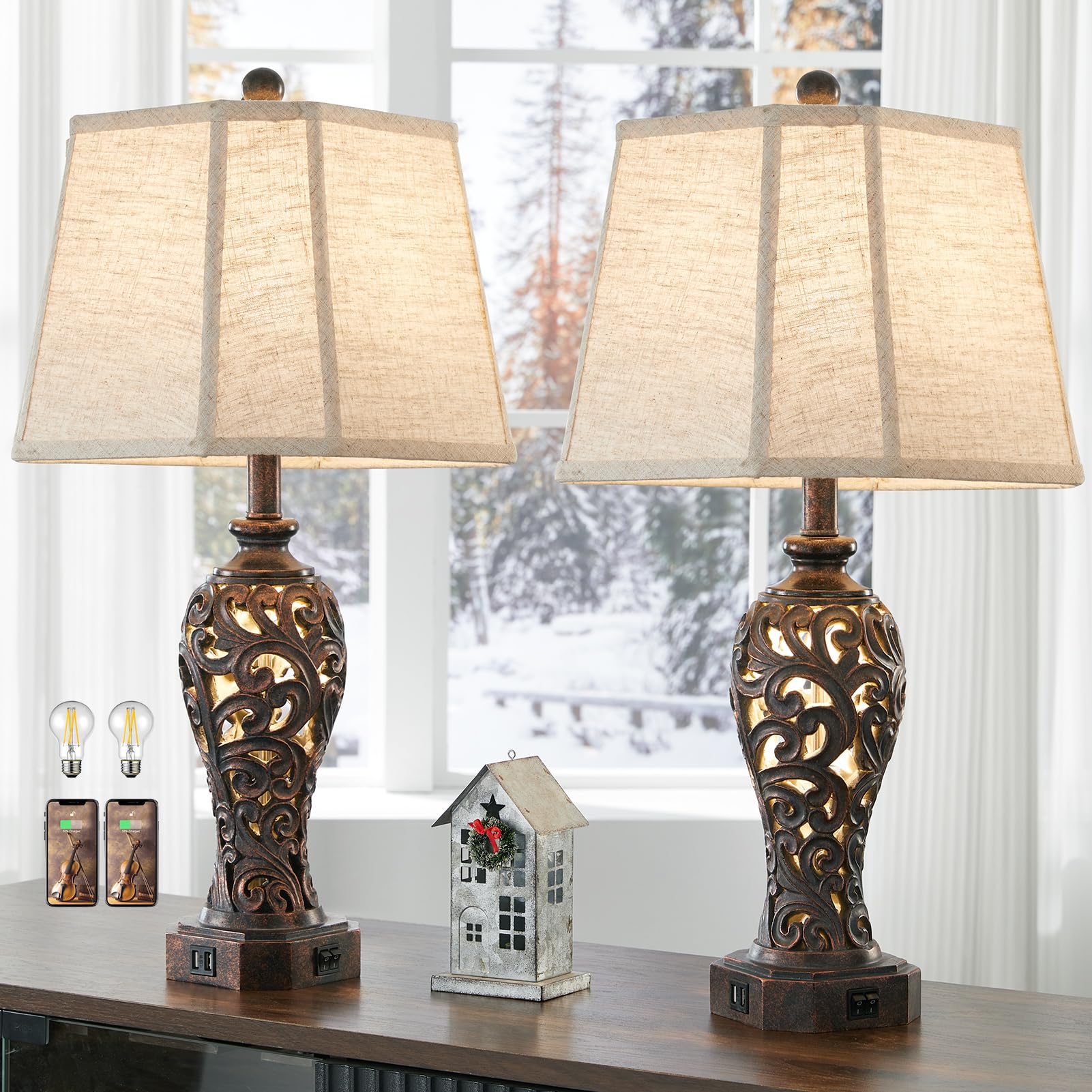 Reyokale Set of 2 Farmhouse Table Lamps for Living Room, Rustic Vintage Nightstand Lamp with 2 USB Port, Bronze Resin Lamps for 