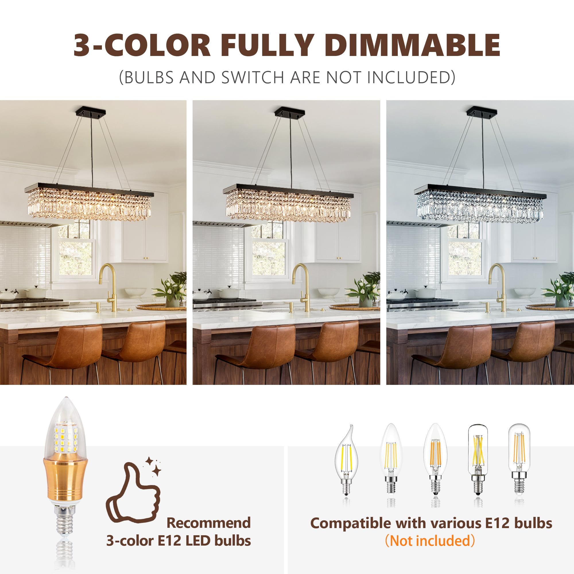 Tinkoso Modern Crystal Chandelier For Dining Room, 8-Light Black Rectangle Pendant Ceiling Light Fixture For Kitchen Island Bar,