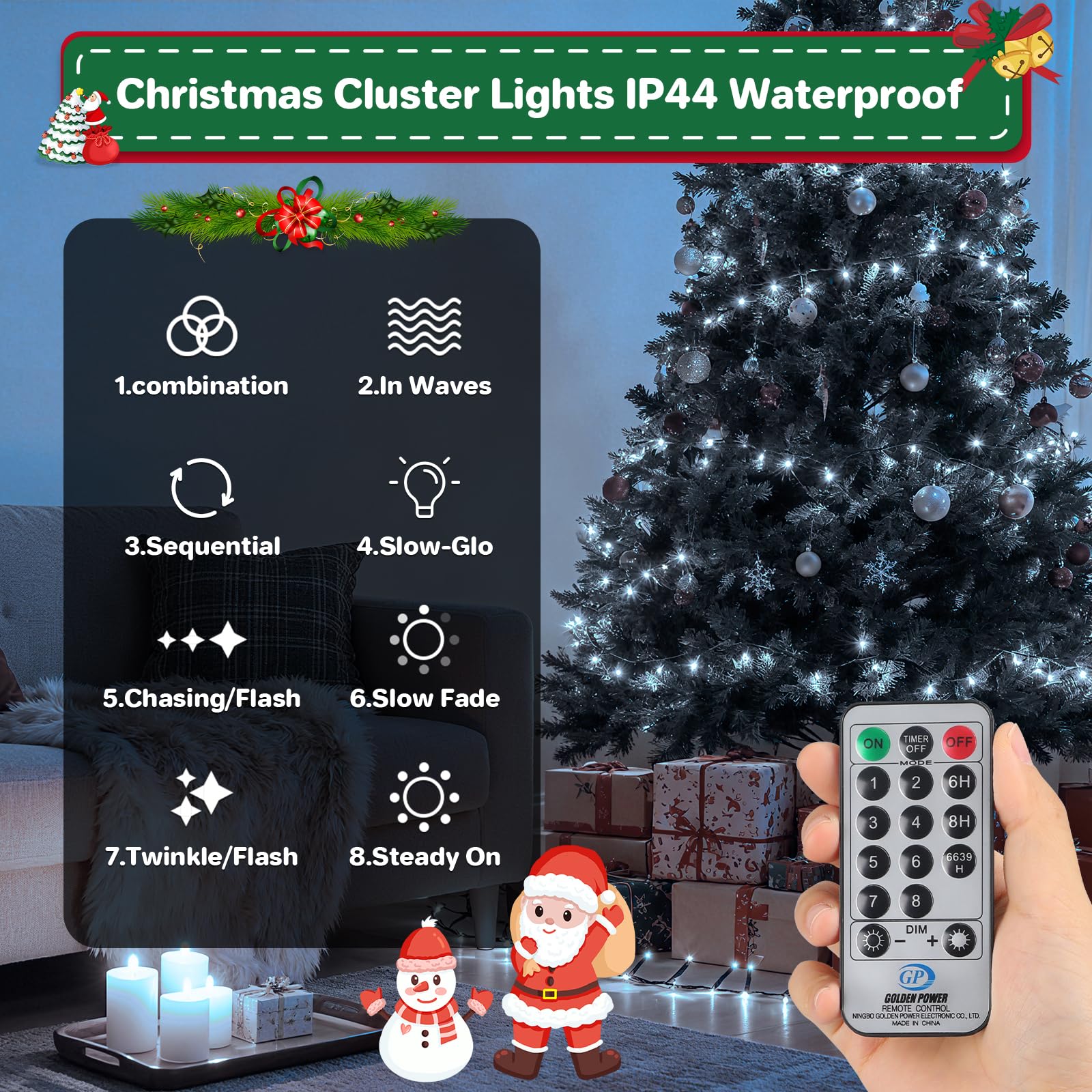 Christmas Cluster Lights Plug-In -52Ft 800 Led Fire ers String Lights 8 Modes Timer Waterproof Twinkle Fairy Lights For Christmas Tree Garland Party (Cool White)