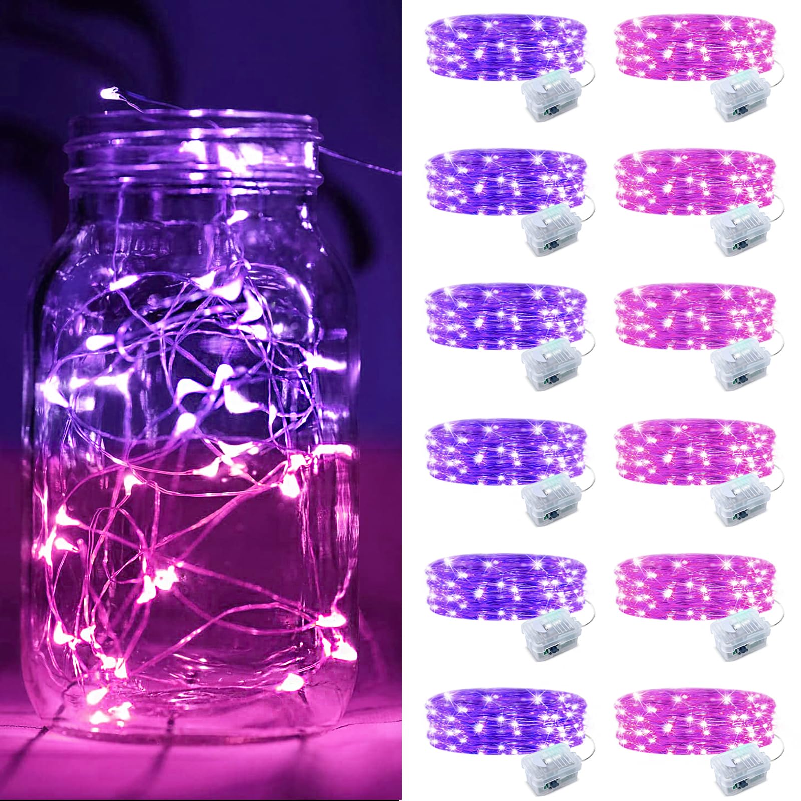 ZGWJ 12 Pack Battery Powered Fairy Lights  Mixed Colors 7Ft 20 Mini LED Silver Wires  3 Modes for DIY  Party  Wedding  Bedroom  Halloween Christmas Decoration (Pink & Purple)