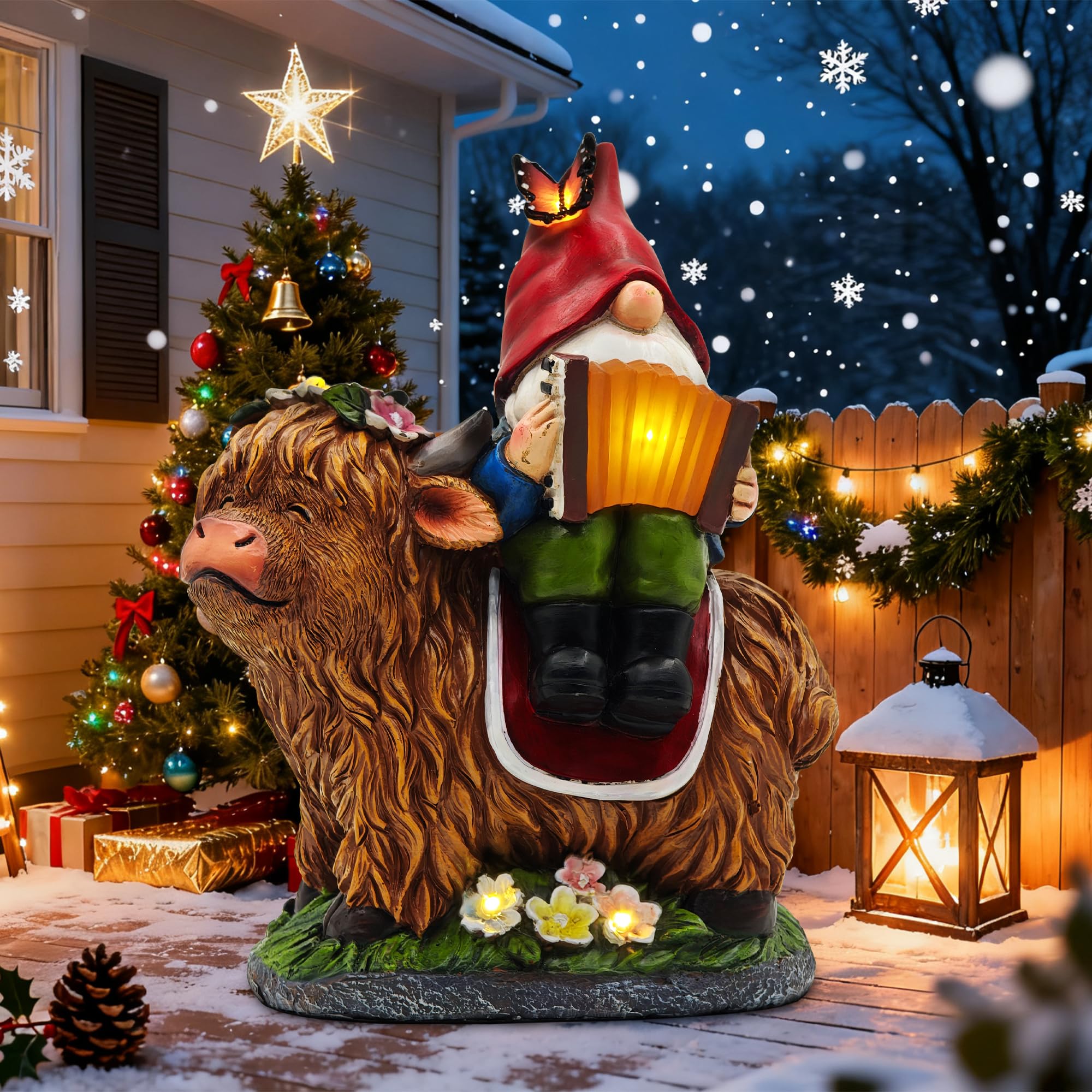 Cffownug Christmas Garden Gnomes Outdoor Statues: 8 Solar Light Gnome Decor On Highland Cow Play The Accordion Unique Birthday Gifts For Women Mother Grandma