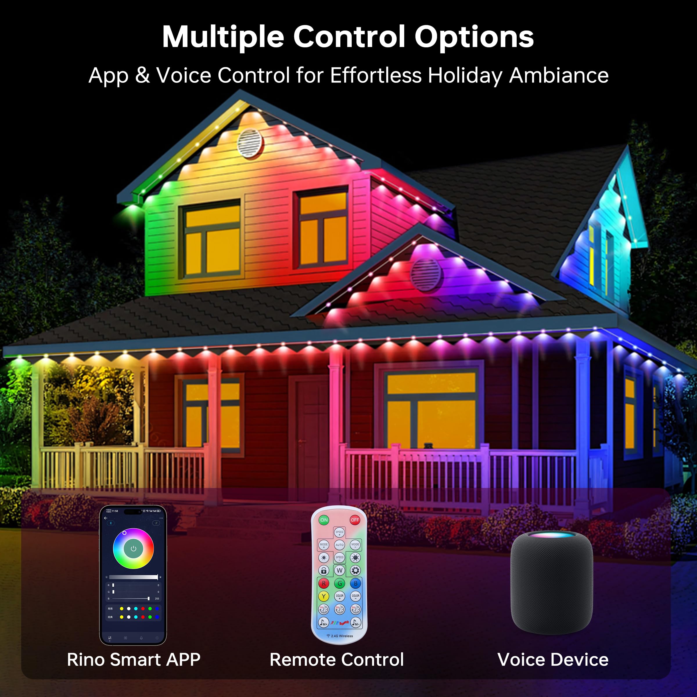 UPONELED Outdoor LED Lights, 120FT RGB Waterproof Eaves Light, App/Remote Control, Model UPLEL-120, White