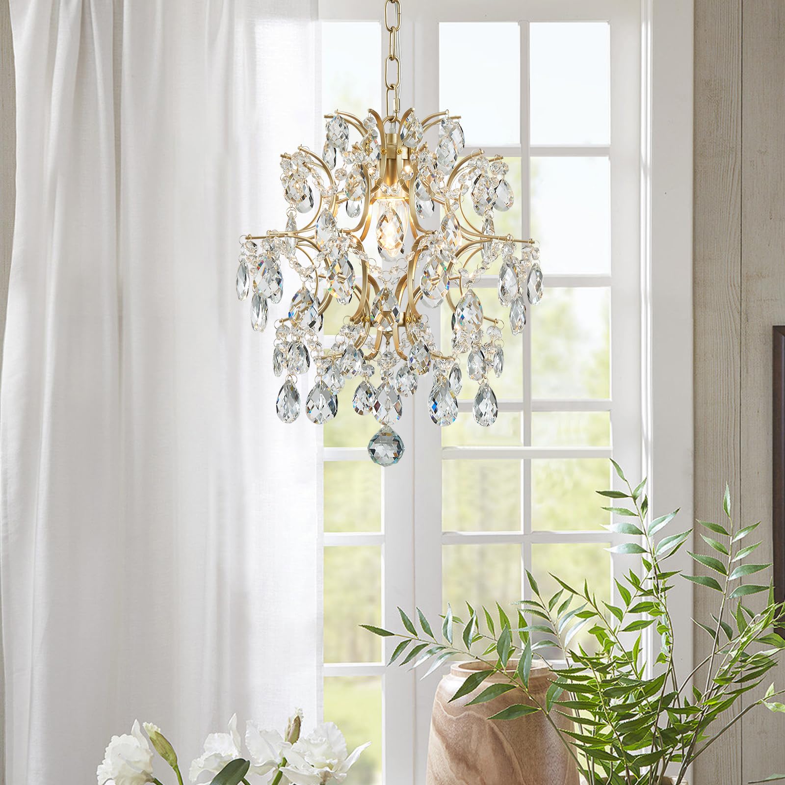 Bestier Modern Pendant Chandelier, Gold Crystal Raindrop Lighting, H 40cm x D 32cm, Model AK-AJ-18162