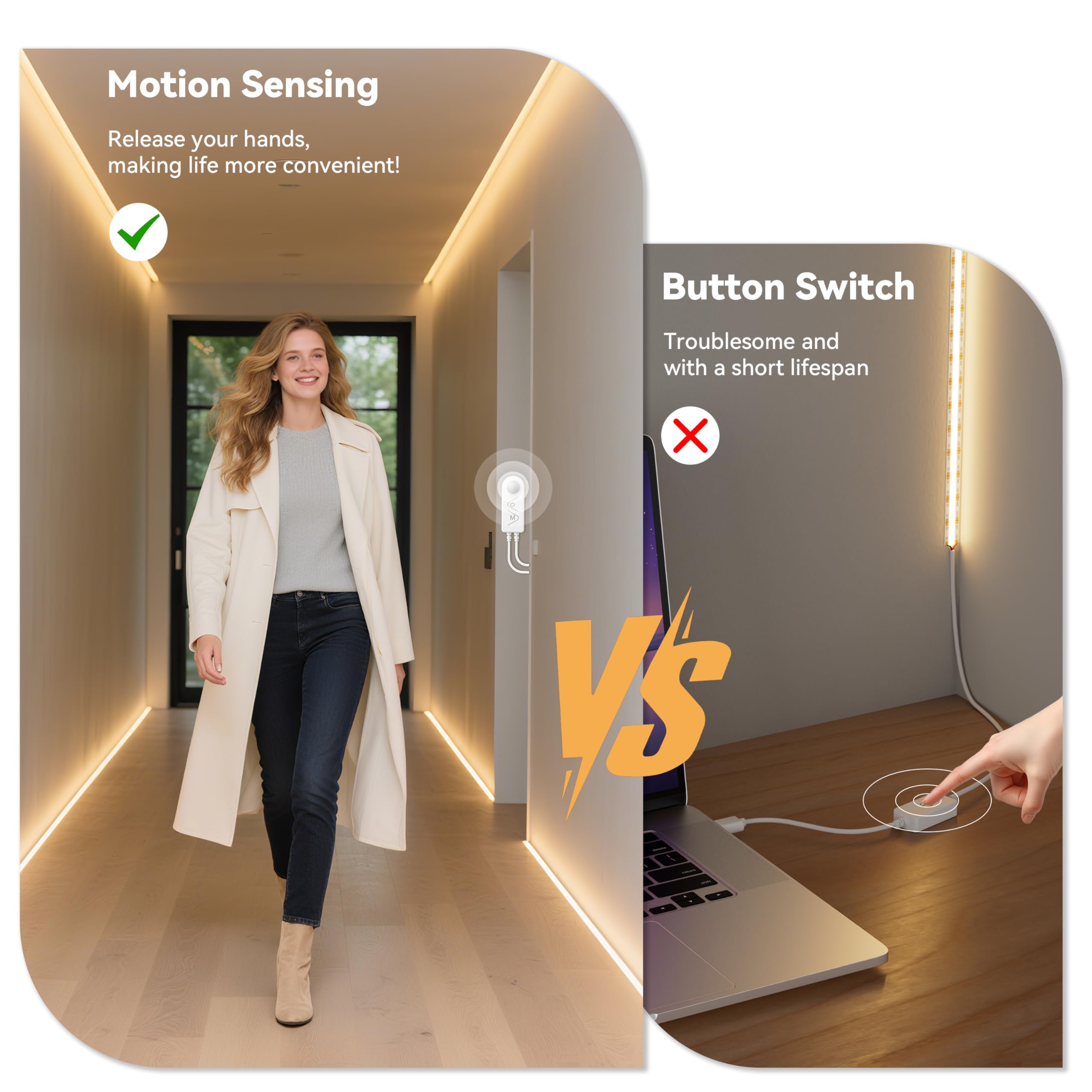PAUTIX COB LED Strip Lights 2700K Warm White, 20ft Dimmable Motion Sensor, Under Cabinet, Kitchen, Stairs, Bedroom