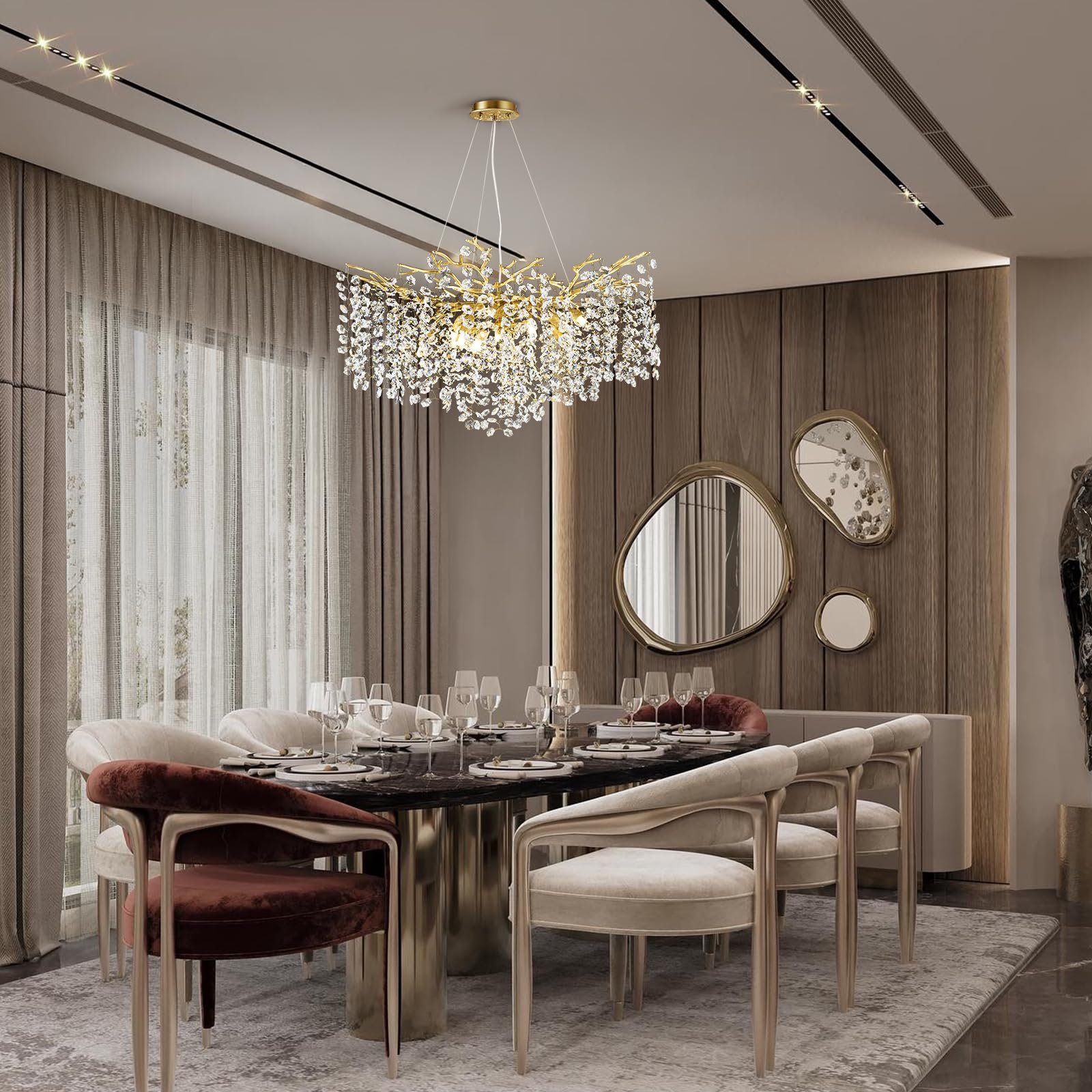 Modern Gold Crystal Chandelier For Dining Room, Tree Branches Chandelier For Living Room Bedroom Bathroom Kitchen Foyer, 30'' Ro