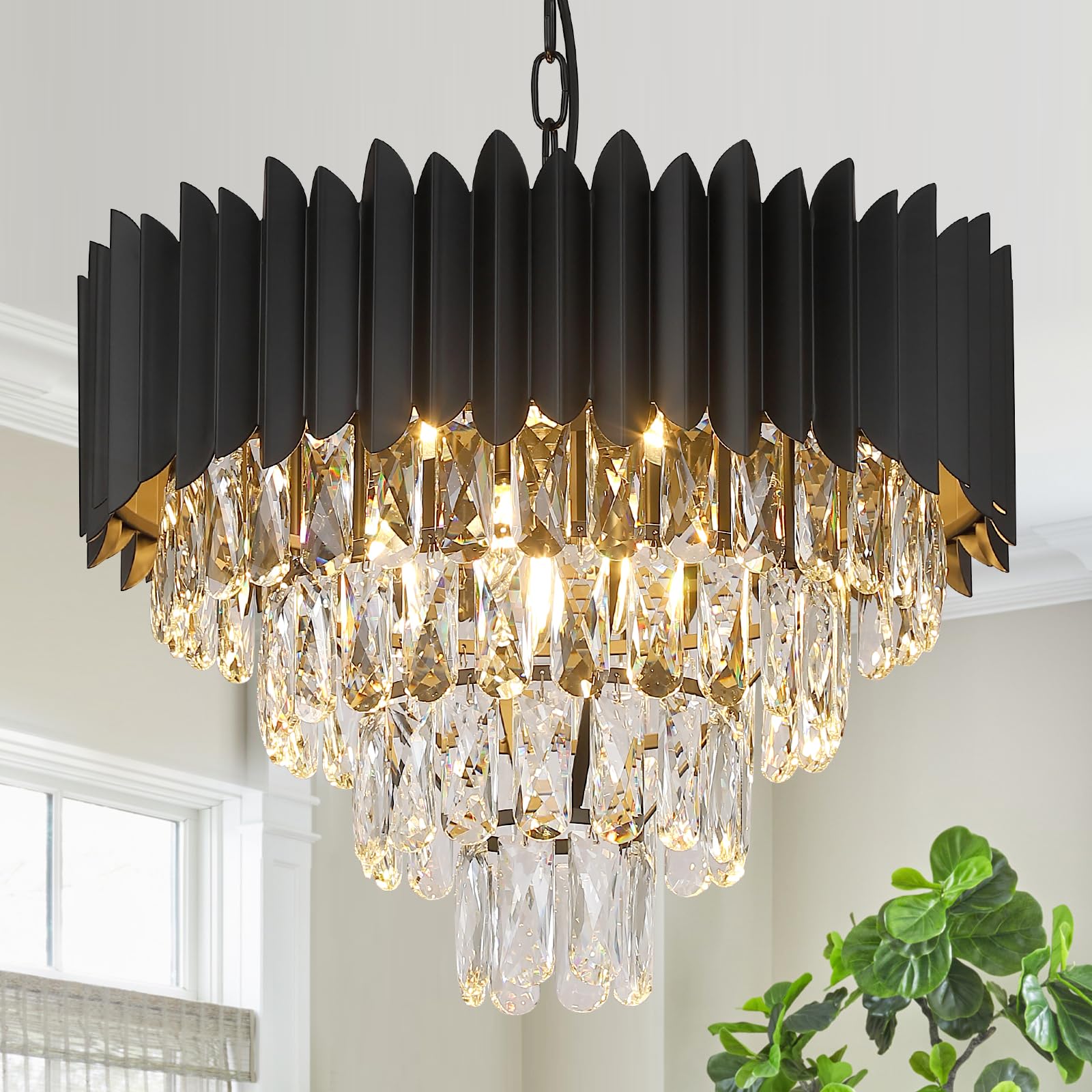 A AXILIXI Modern Crystal Chandeliers Black 20'' Round Chandeliers for Dining Room 9 Lights Ceiling Pendant Light Fixtures 4 Tier