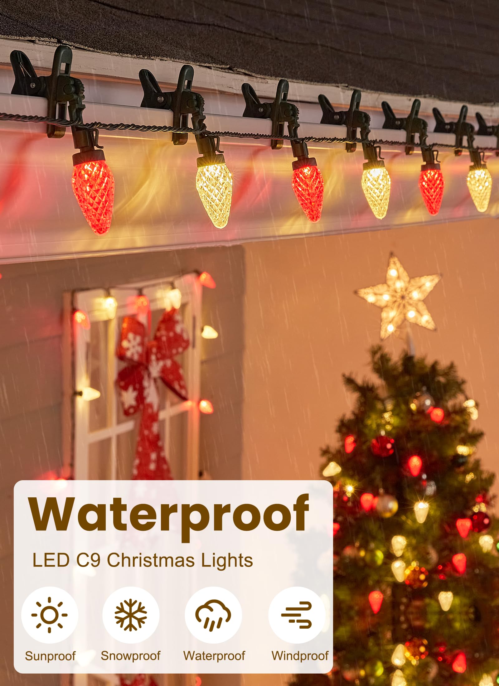 C9 Led Christmas Lights Outdoor  66 Feet 100 Led C9 String Light With 100 Spring Clips  Waterproof Connectable Christmas Tree Lights For Outside Roofline Patio Home Xmas Decor  Red & Warm White