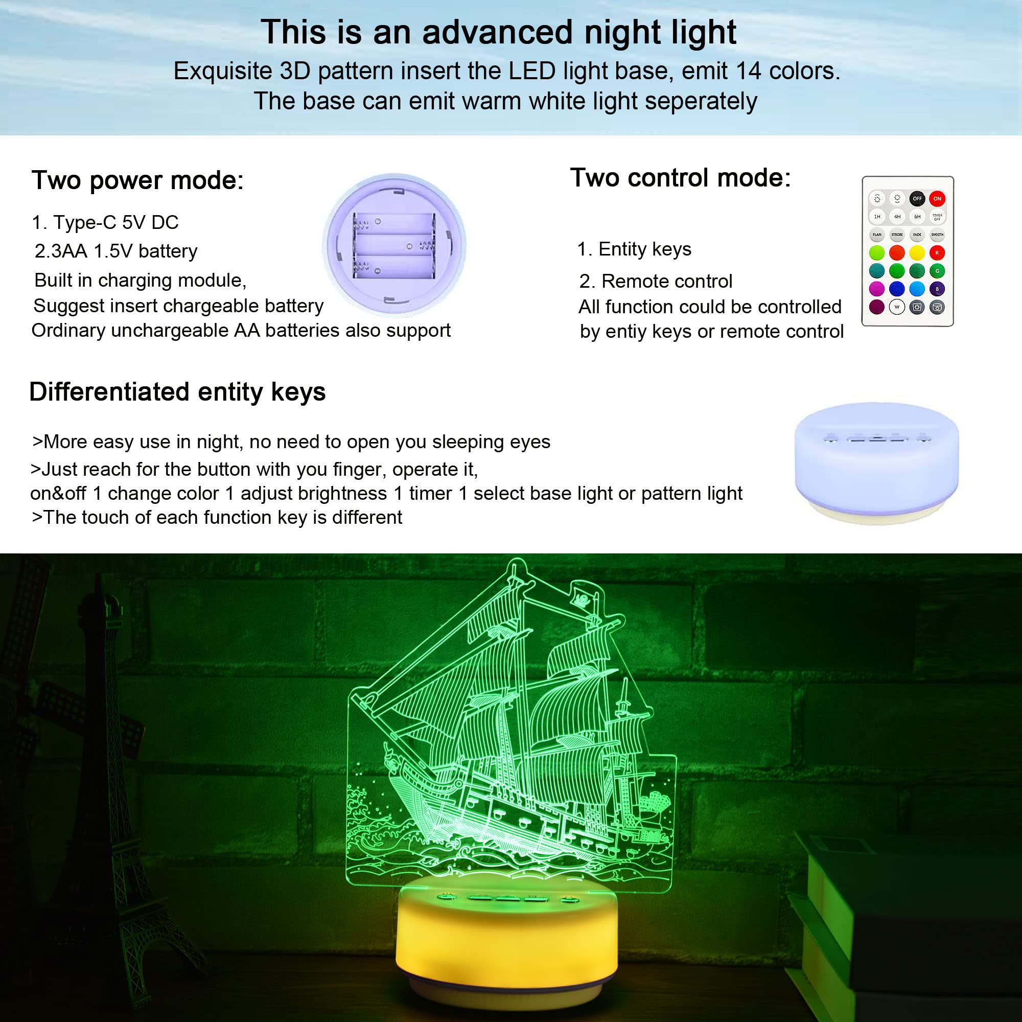 Pirate Ship Gifts Night Light for Kids,Pirate Toys Ship Night Light 14 Colors LED Decoration Lamp with Remote Control & Entity K
