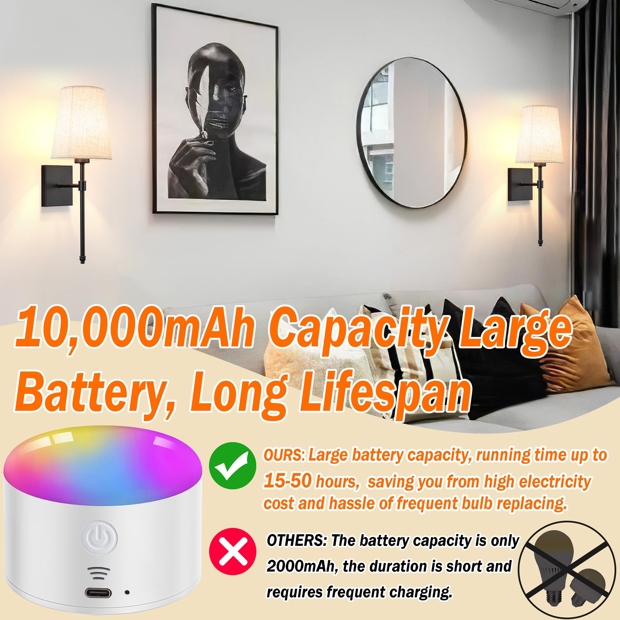 Battery Operated Wall Sconce Light Set Of Two, Battery Operated Sconces Wall Lighting Indoor Wireless Wall Sconce With Remote Control, Dimmable Battery Wall Lamp With 3Cct Bulb For Bedroom Living Room
