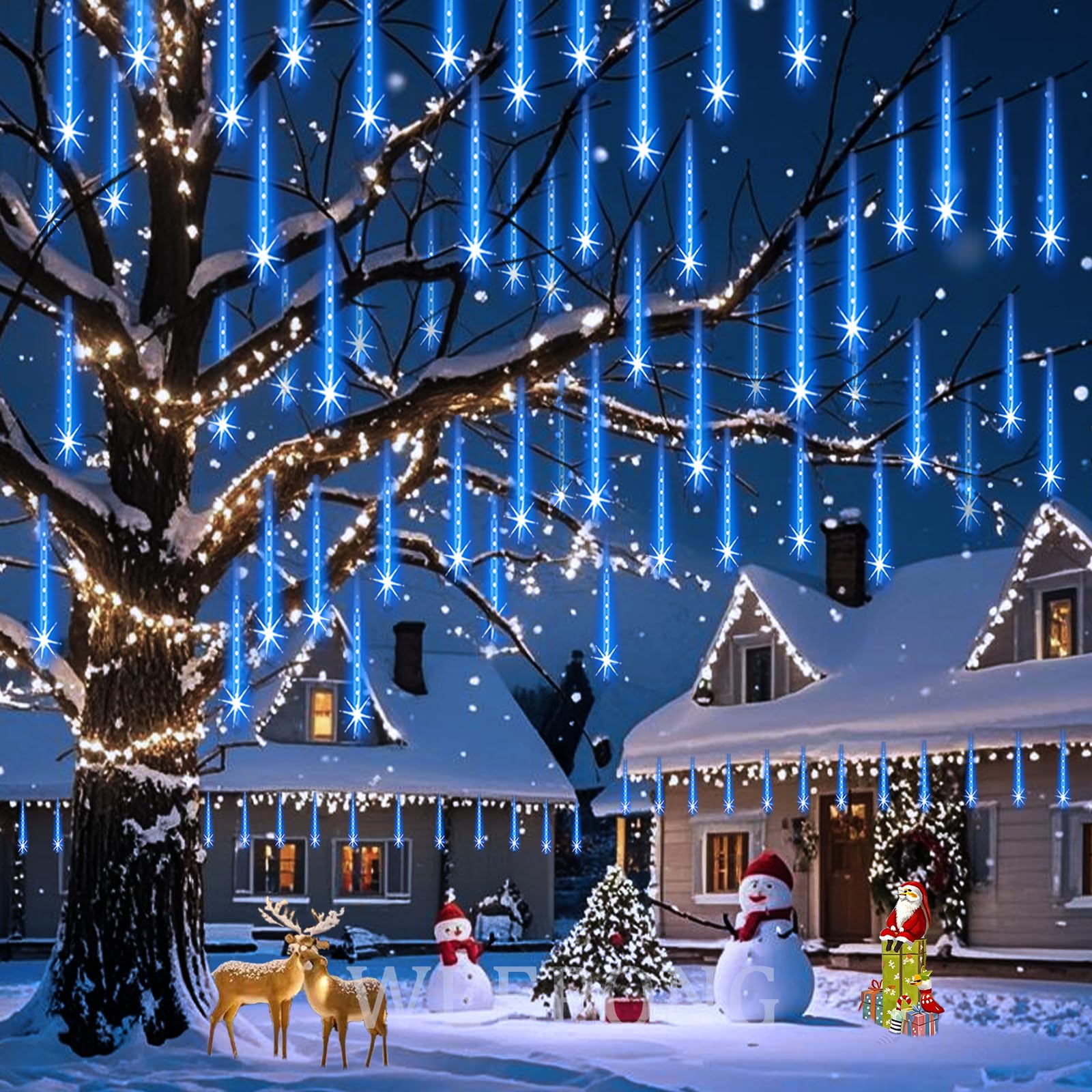 Weepong 12Inch Blue Meteor Shower Lights - UL Certified Cascading String Lights for Outdoor Christmas Tree & Garden Decor, 8 Tubes
