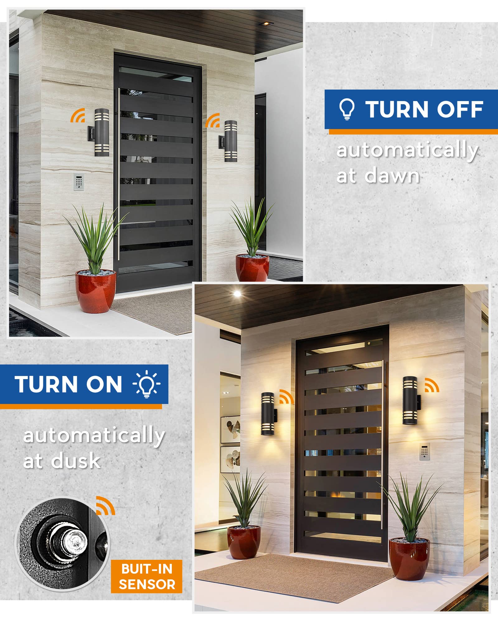 TENGXIN Outdoor Wall Lights, 2-Pack, Dusk to Dawn, Stainless Steel, Black Finish, Model TXWLSS0012B-2G, IP65 Waterproof