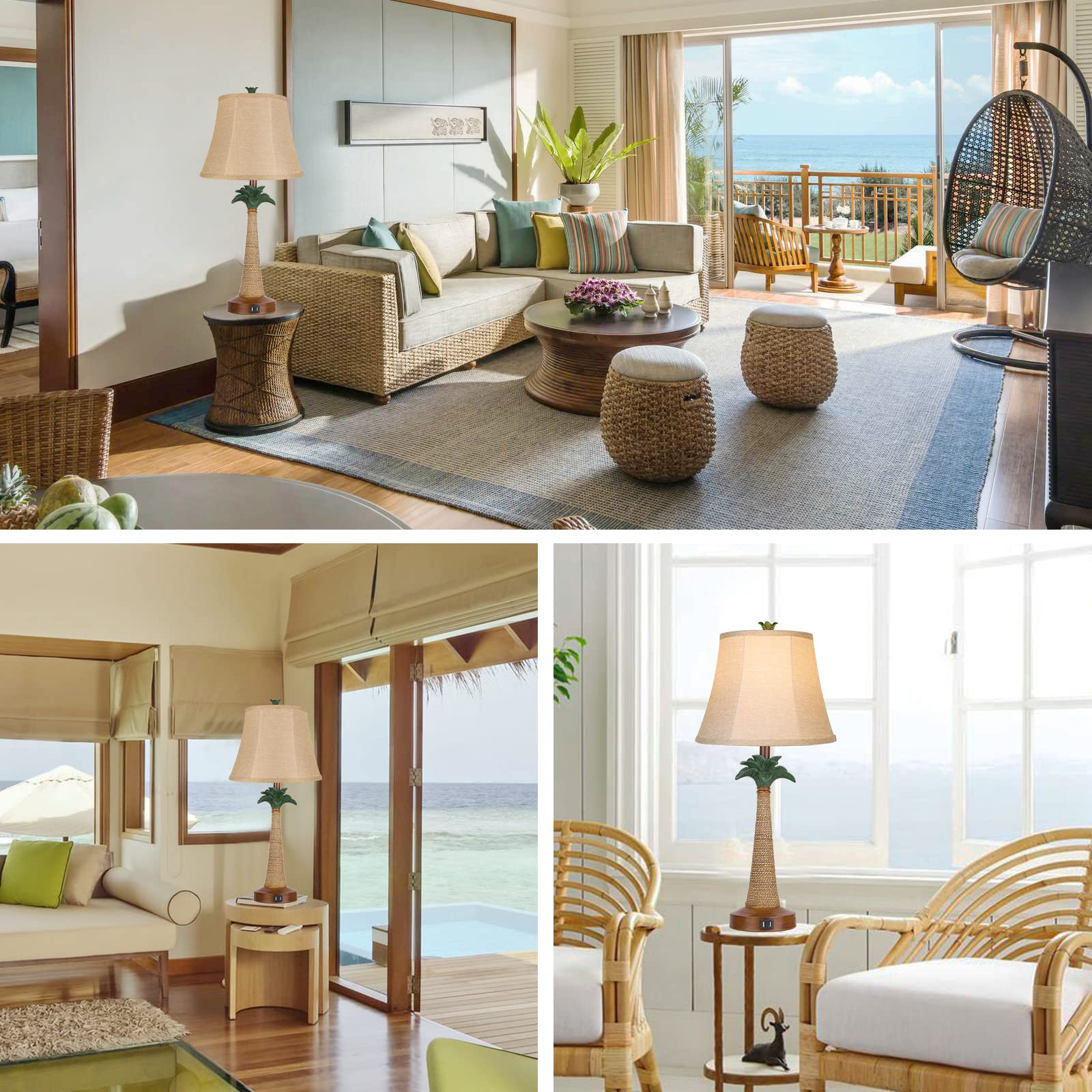 Hamucd Set of 2 Coastal Palm Tree Table Lamps with USB Ports - Beige, Nautical Design for Living Room & Bedroom Decor
