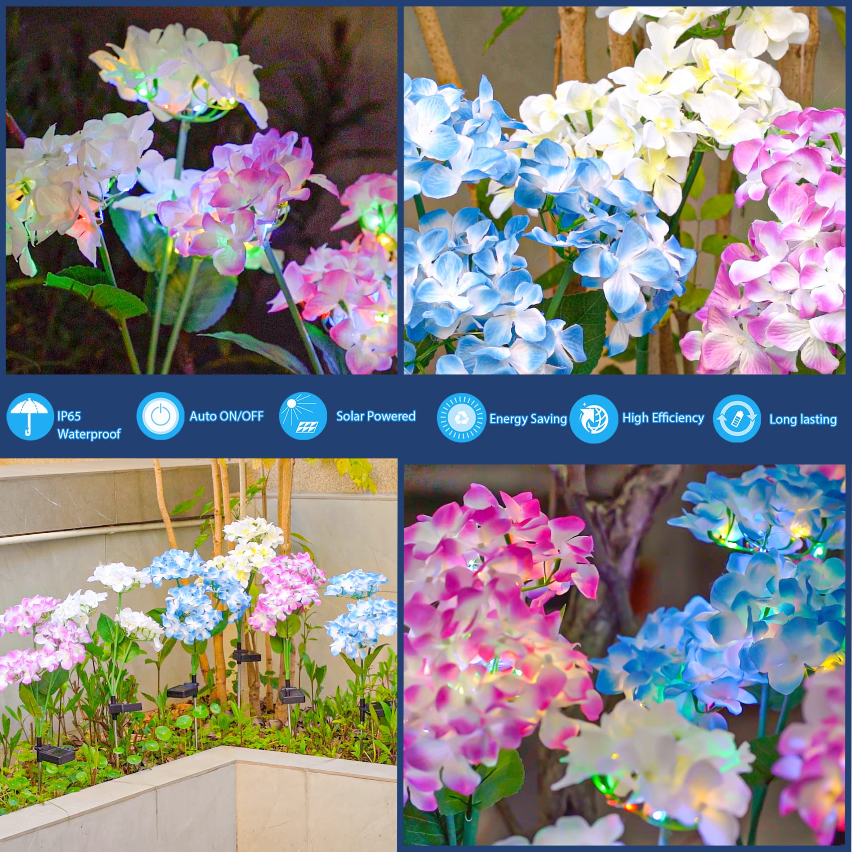 TONULAX Solar Hydrangea Flower Lights - 3 Pack, Colorful, Silk Material, Outdoor Garden Decoration, White/Purple/Blue, 2023 Version