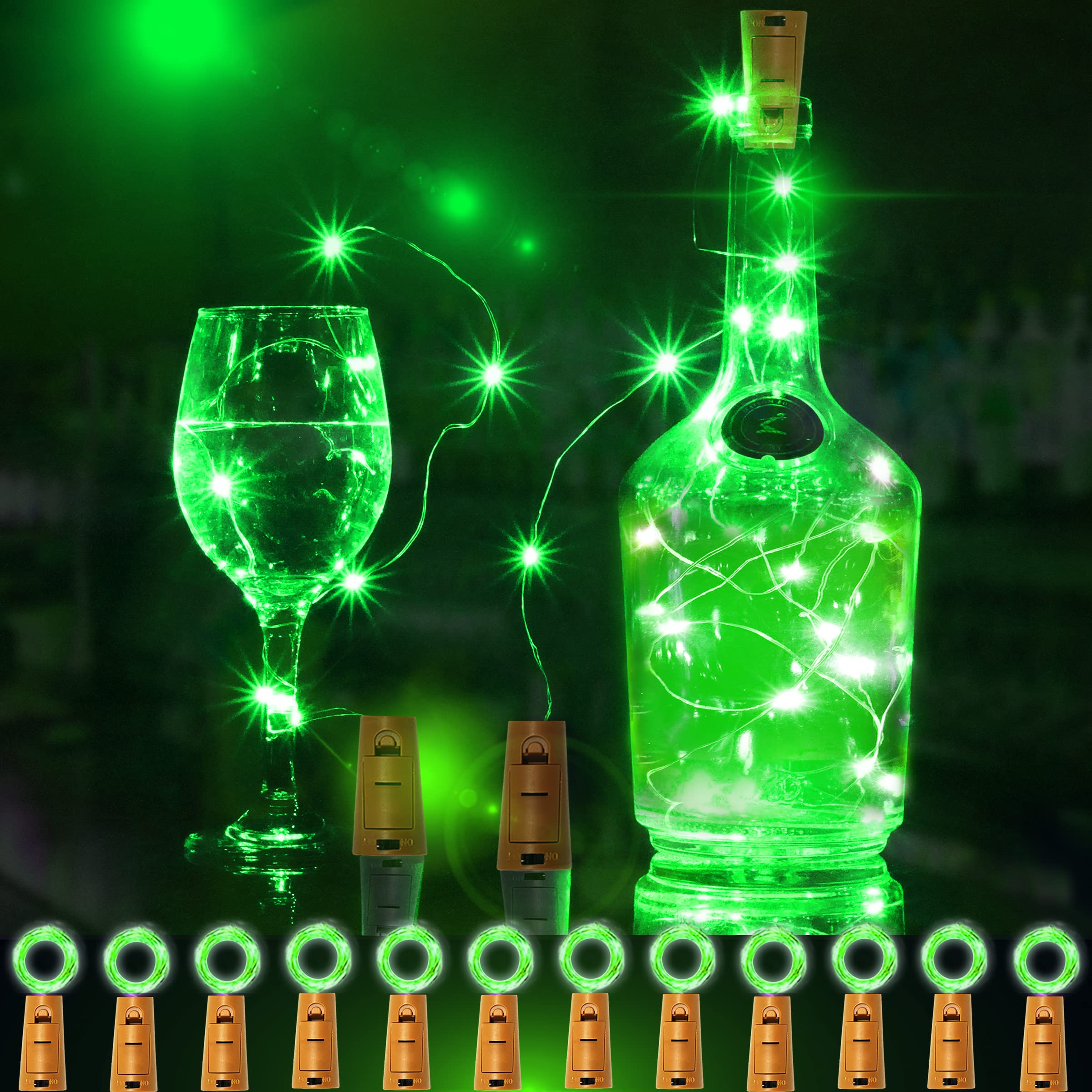 12 Packs 20 LED Wine Bottle Lights with Cork - Green Fairy String Lights Battery Operated Liquor Bottle Cork Lights for Vase Jars St Patricks Day,Christmas,Halloween Party Decor Table Centerpieces