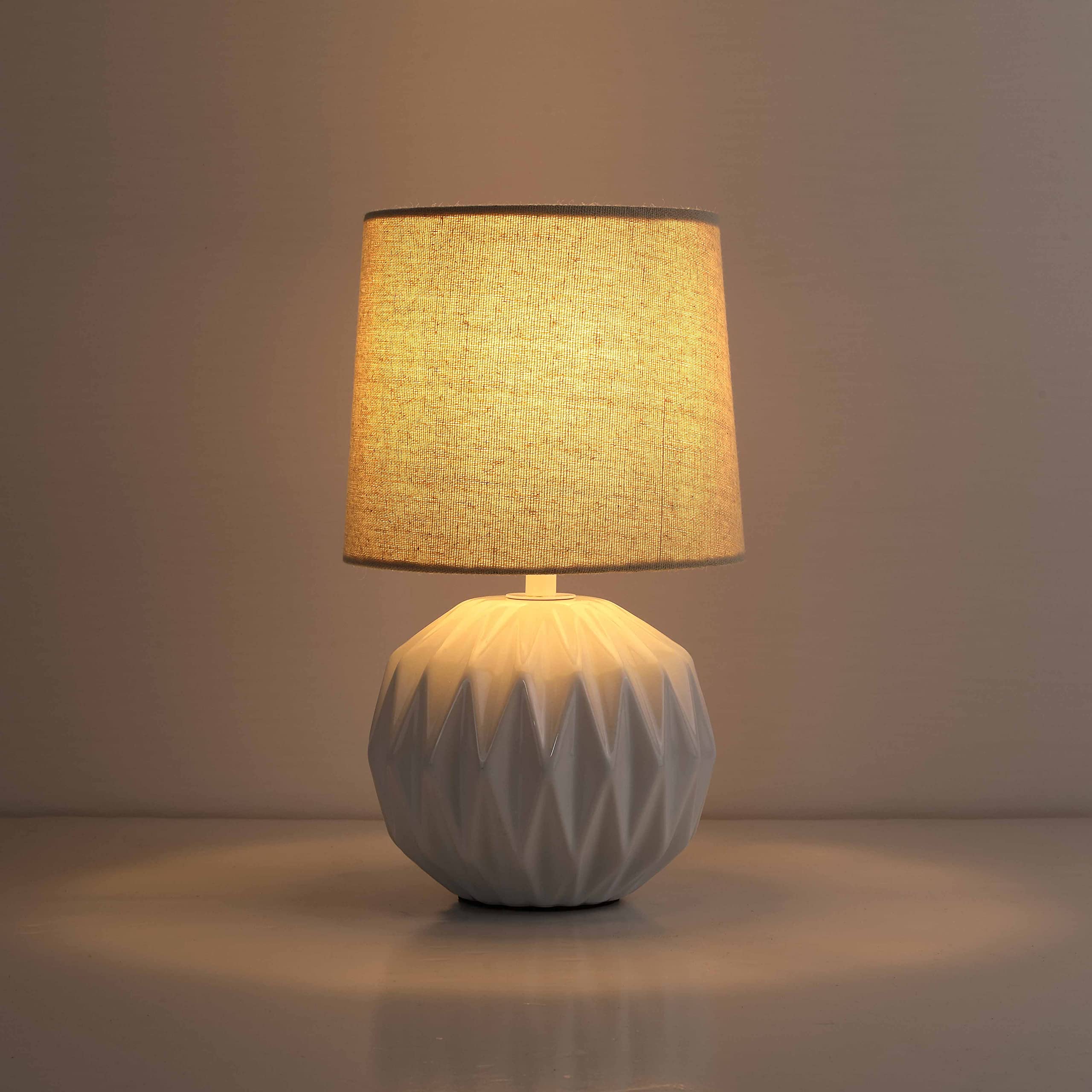Somniferous White Ceramic Table Lamp, Geometric Textured Small Bedside Lamp With Linen Shade, Mid Century Modern Nightstand Lamp For Bedroom Living Room Reading Room, H 12" X W 6.7"