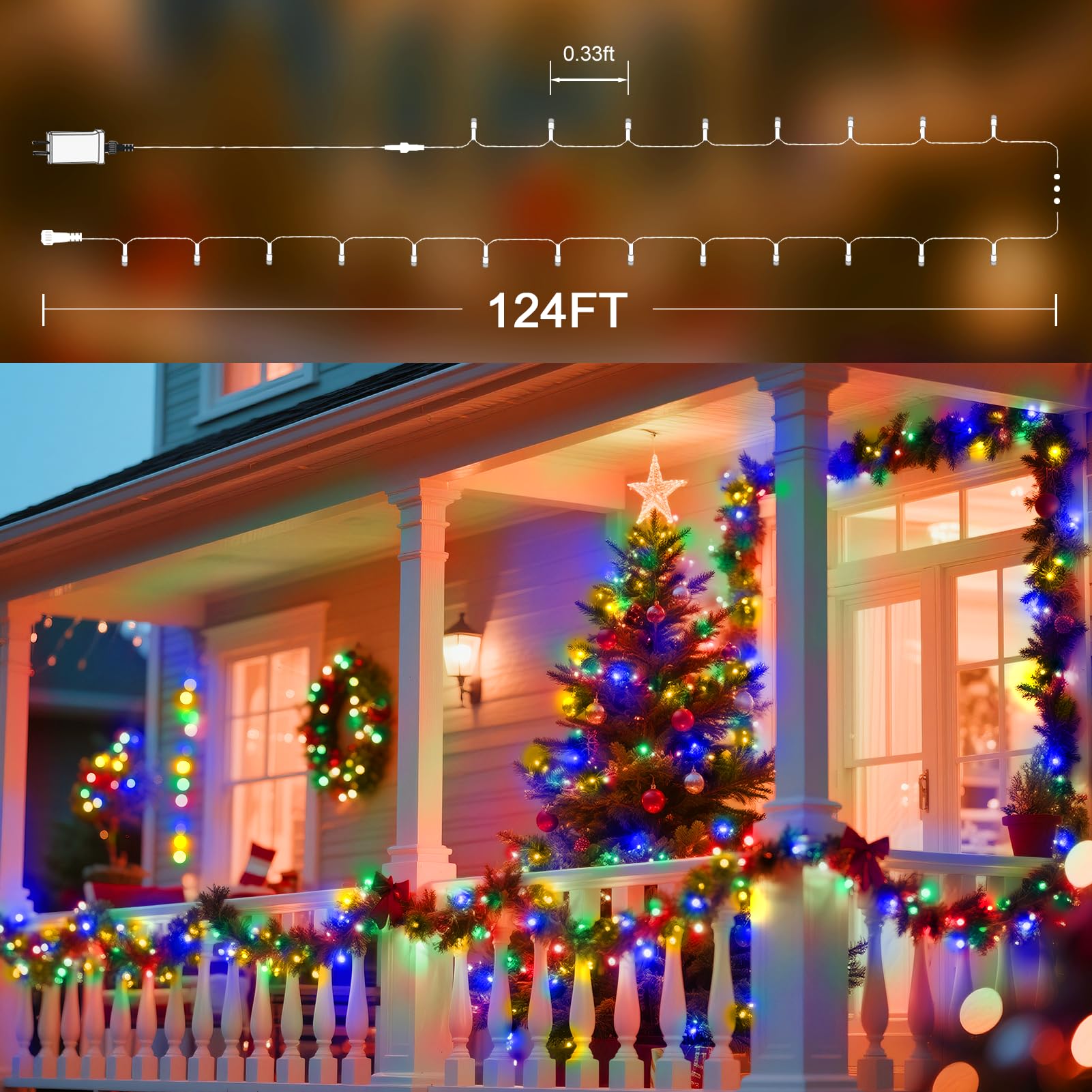 JDGJYDS LED String Lights 124FT 380LED Multicolor Waterproof 8 Modes & Timer for Indoor Outdoor Use, Model SG-SBDE01