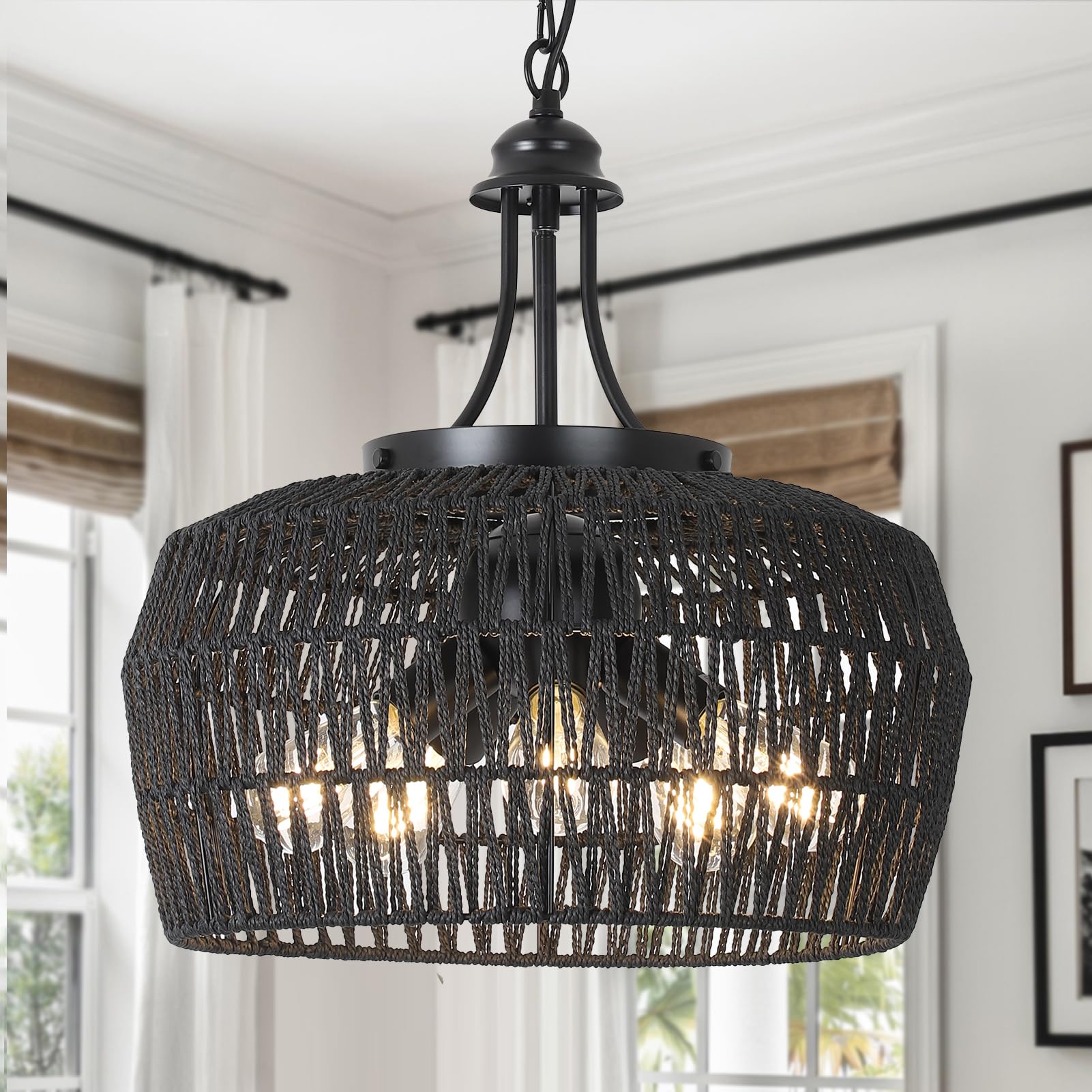 HMVPL Black Rattan Chandeliers for Dining Room, 5-Light Farmhouse Chandelier Light Fixture with Wicker Lampshade, Large Boho Coa