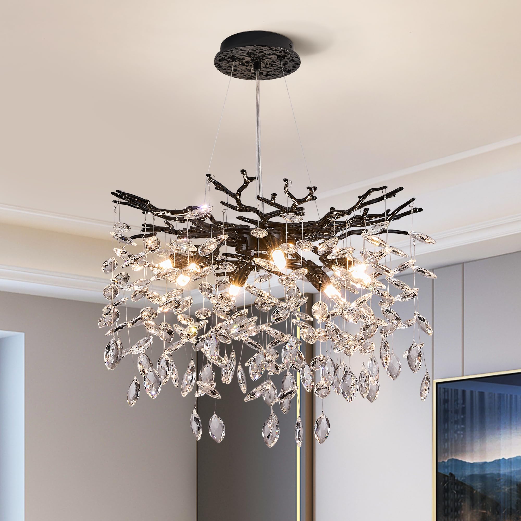 Modern Tree Branch Crystal Chandelier Luxury Black Crystal Pendant Lighting 18'' Contemporary 6-Light Chandeliers for Dining Roo
