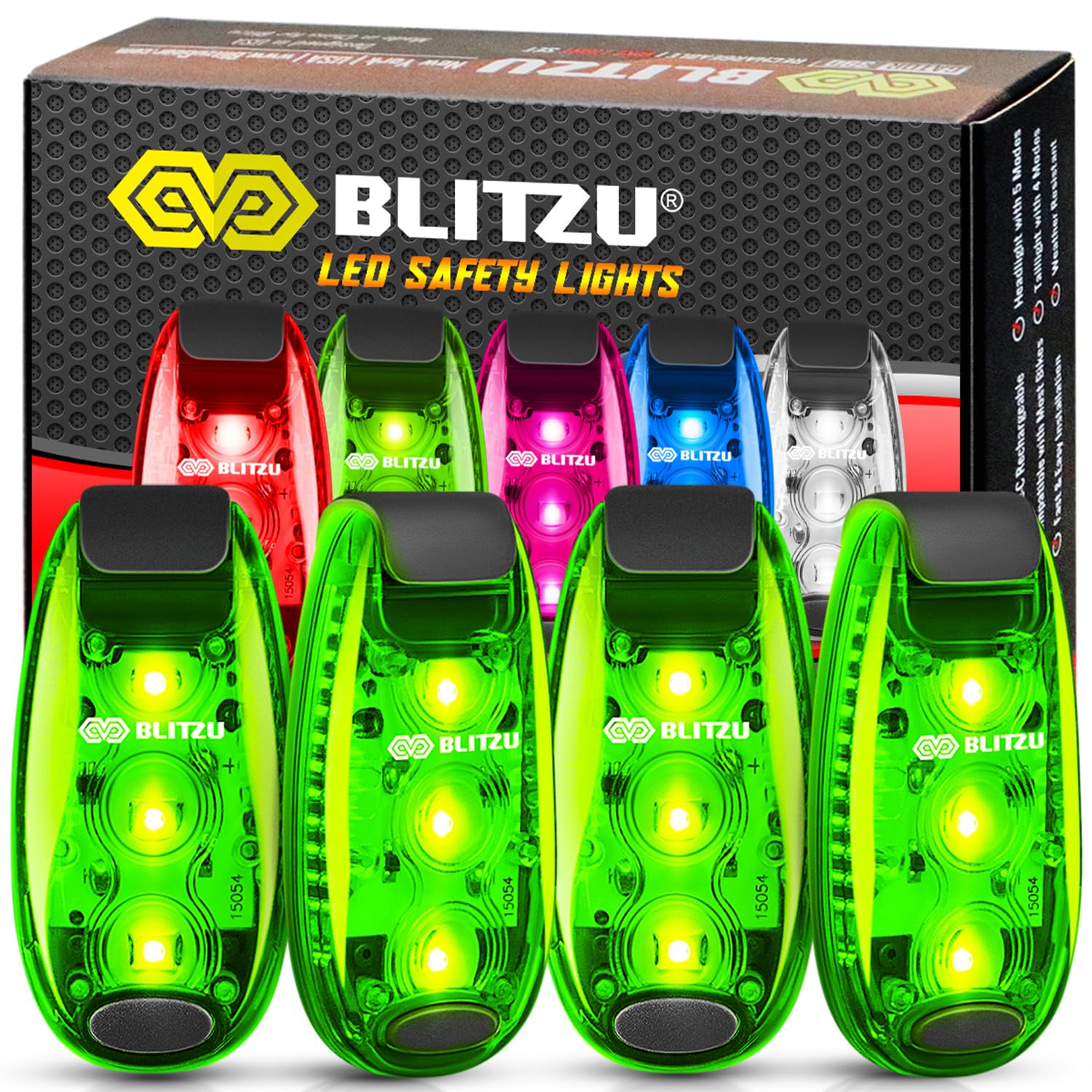 BLITZU 4 Pack LED Safety Light, Clip-On Reflective Gear for Night Walking, Running, High Visibility, Green