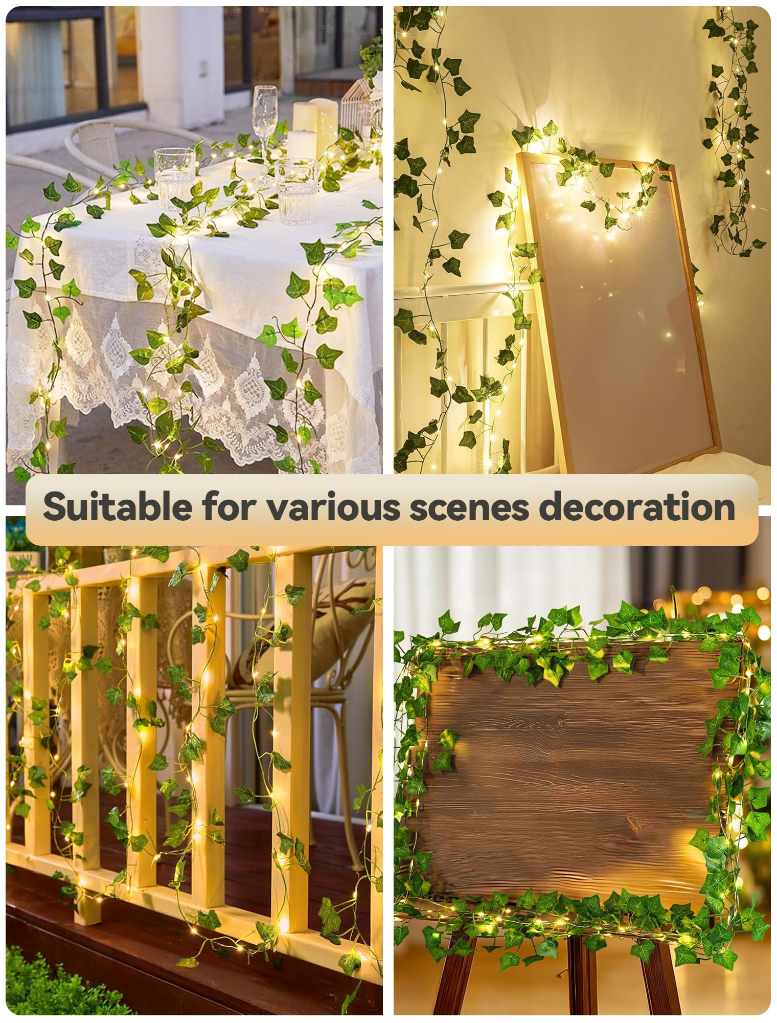 Qunlight Ivy String Lights with 73 LED, 23ft Battery Operated Fairy Lights, Warm White for Home Decor, Parties, Weddings