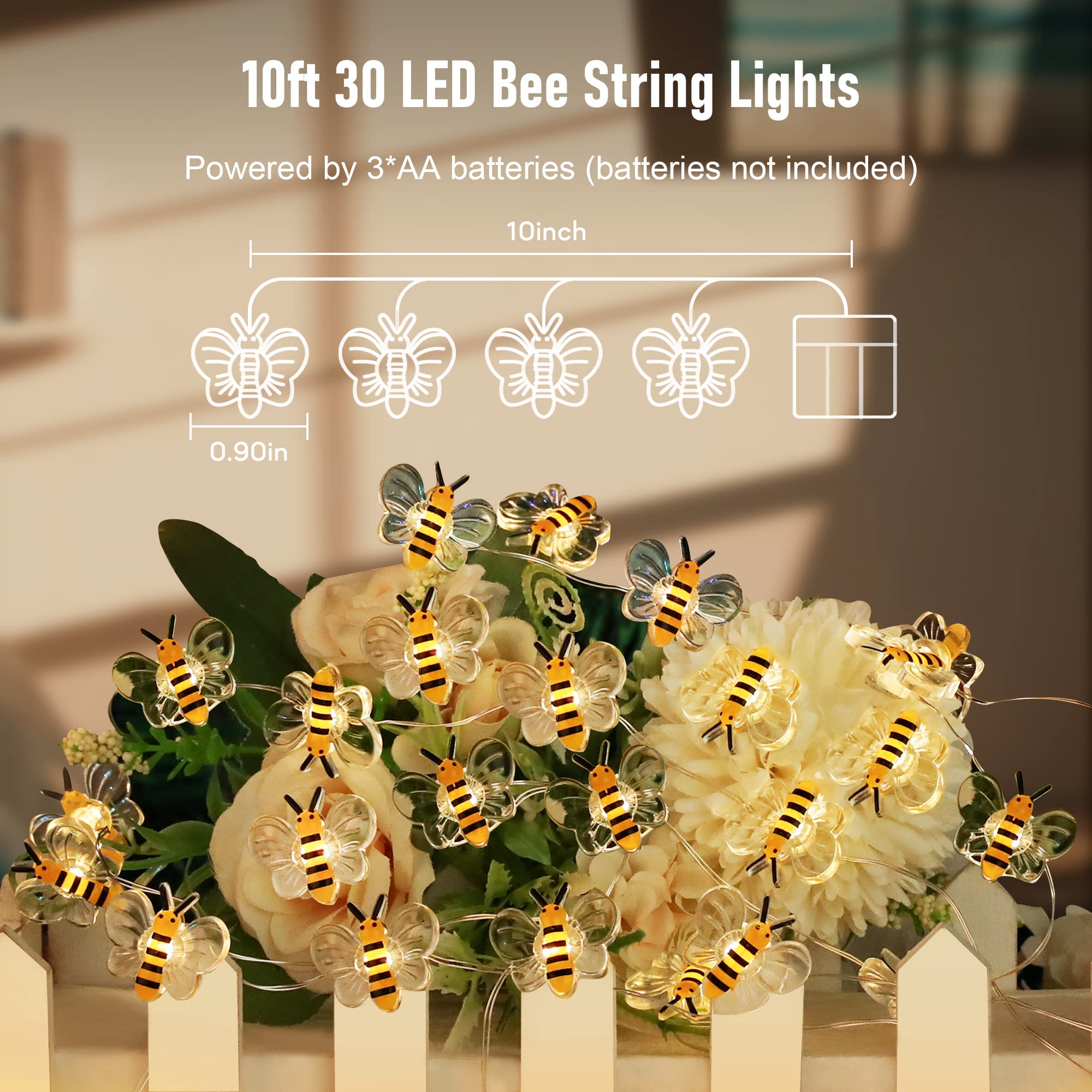 Coquimbo 10Ft Bee String Lights, 30 Led Fairy Lights, Battery Operated, Perfect For Decor