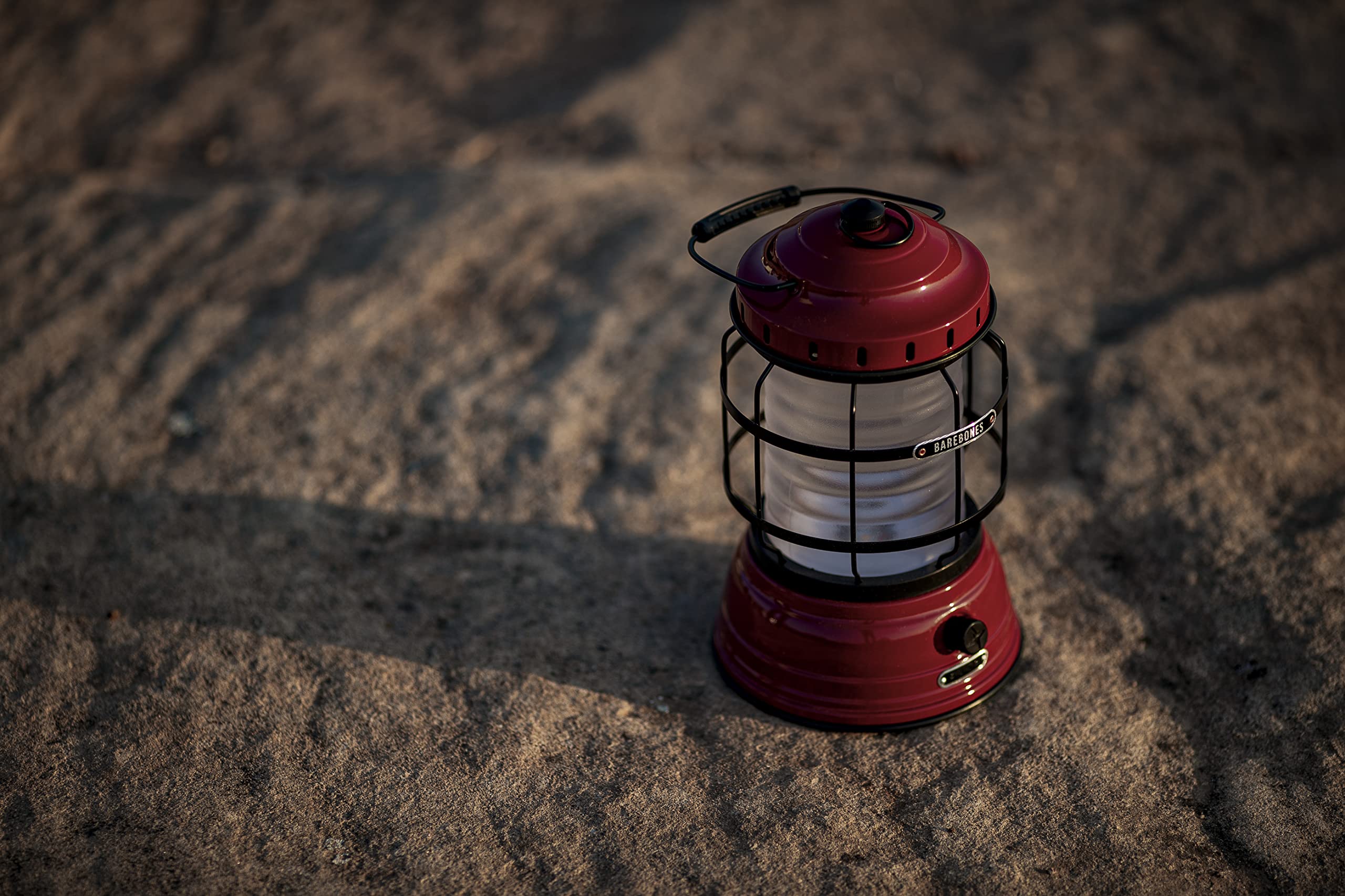 Barebones Forest Lantern - Vintage Rechargeable LED Light, Medium Size, Red, Stamped Steel, Model BAR-LIV-262 for Outdoor Use