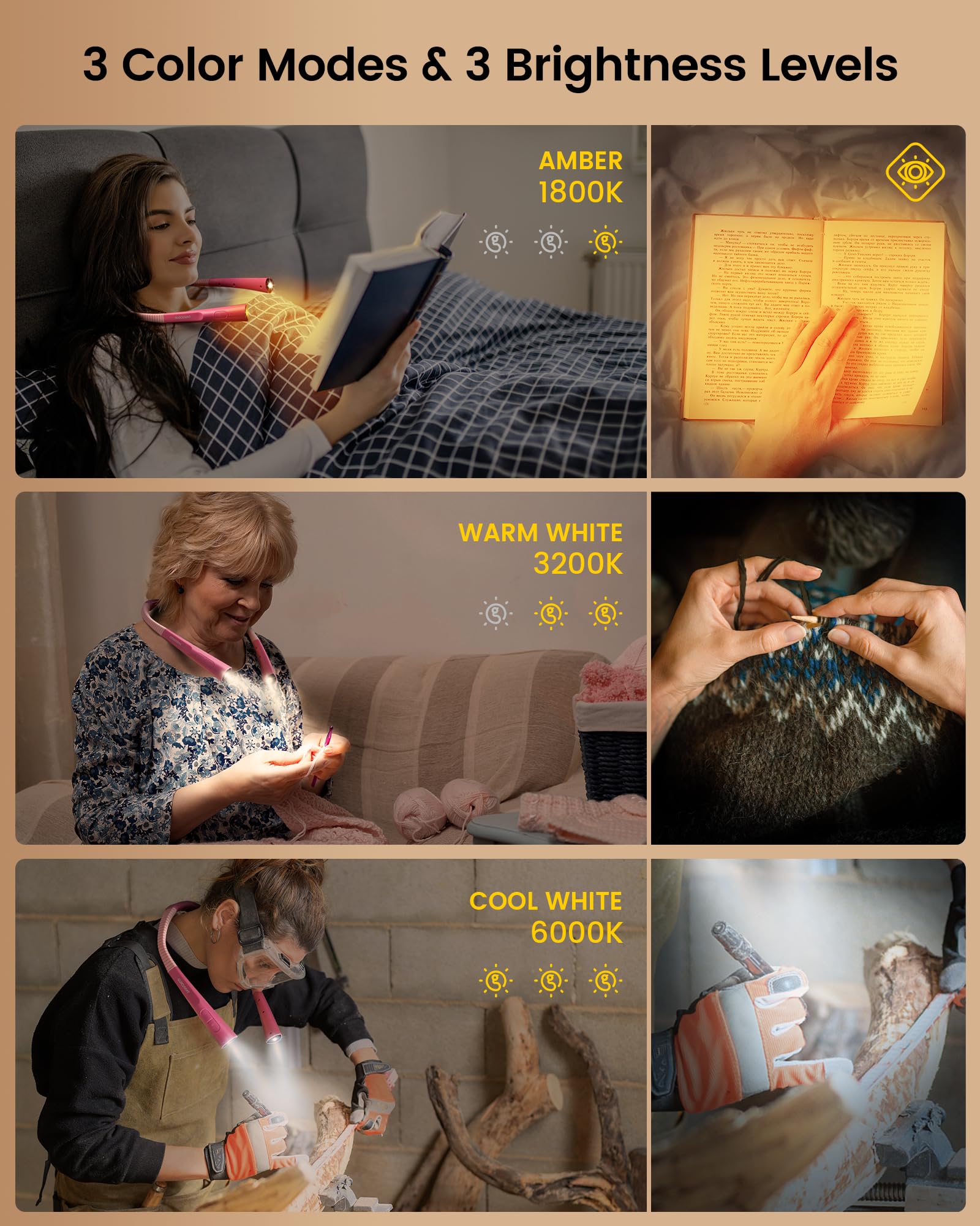 Glocusent Upgraded Led Neck Reading Light, Book Light For Reading In Bed, 30-Min Timer, 3 Colors & 3 Brightness Adjustable, Rech