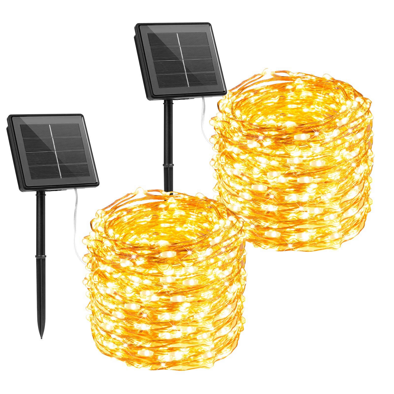 Brightown Solar String Lights, 2 Packs Total 66Ft 200 LED Fairy Lights with 8 Modes, Waterproof for Outside Patio Yard Tree Wedd