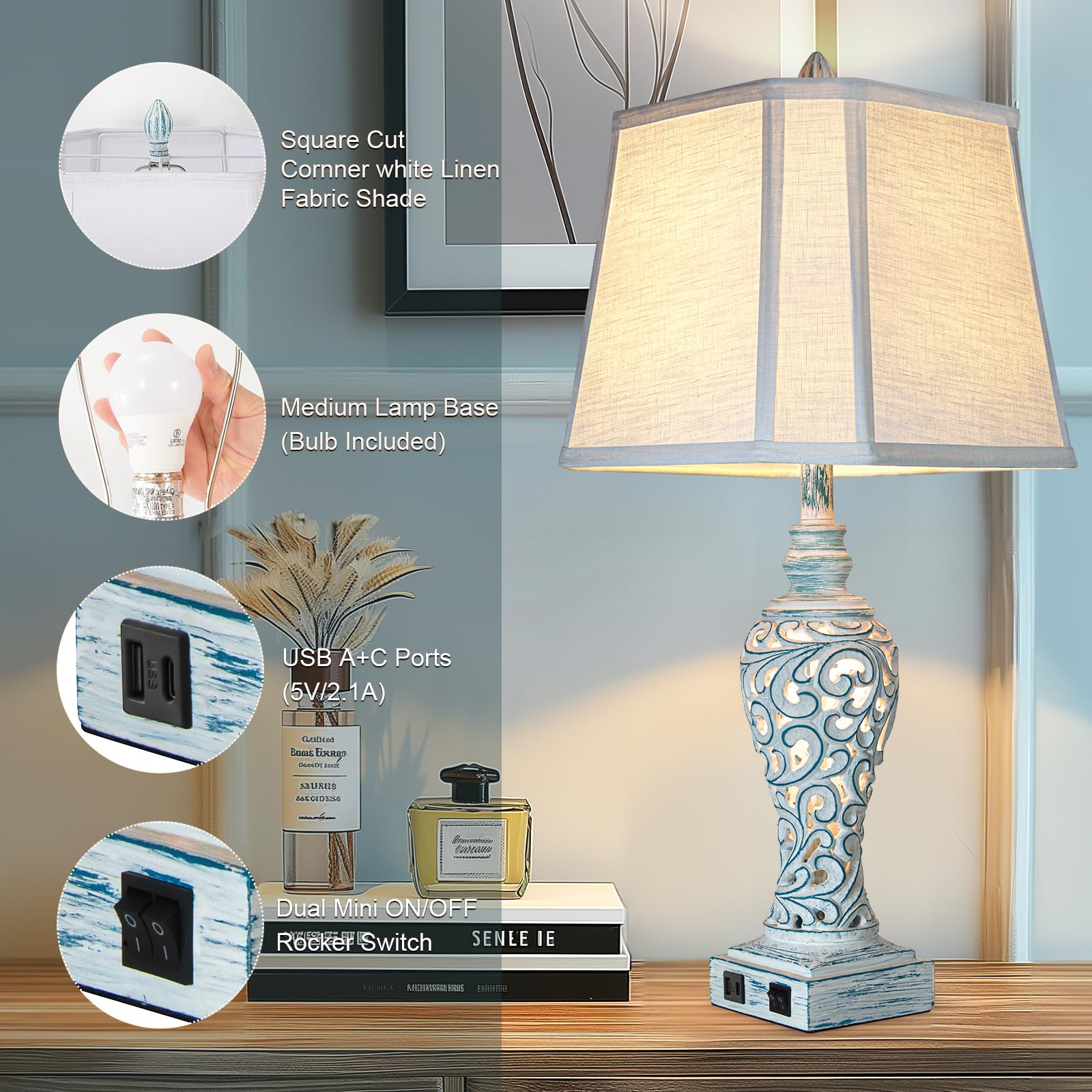 Table Lamp Bedside Lamps Set Of 2, 28.5'' Luxsight Farmhouse Table Lamps For Bedroom, Lamps For Nightstands With Night Lights, W