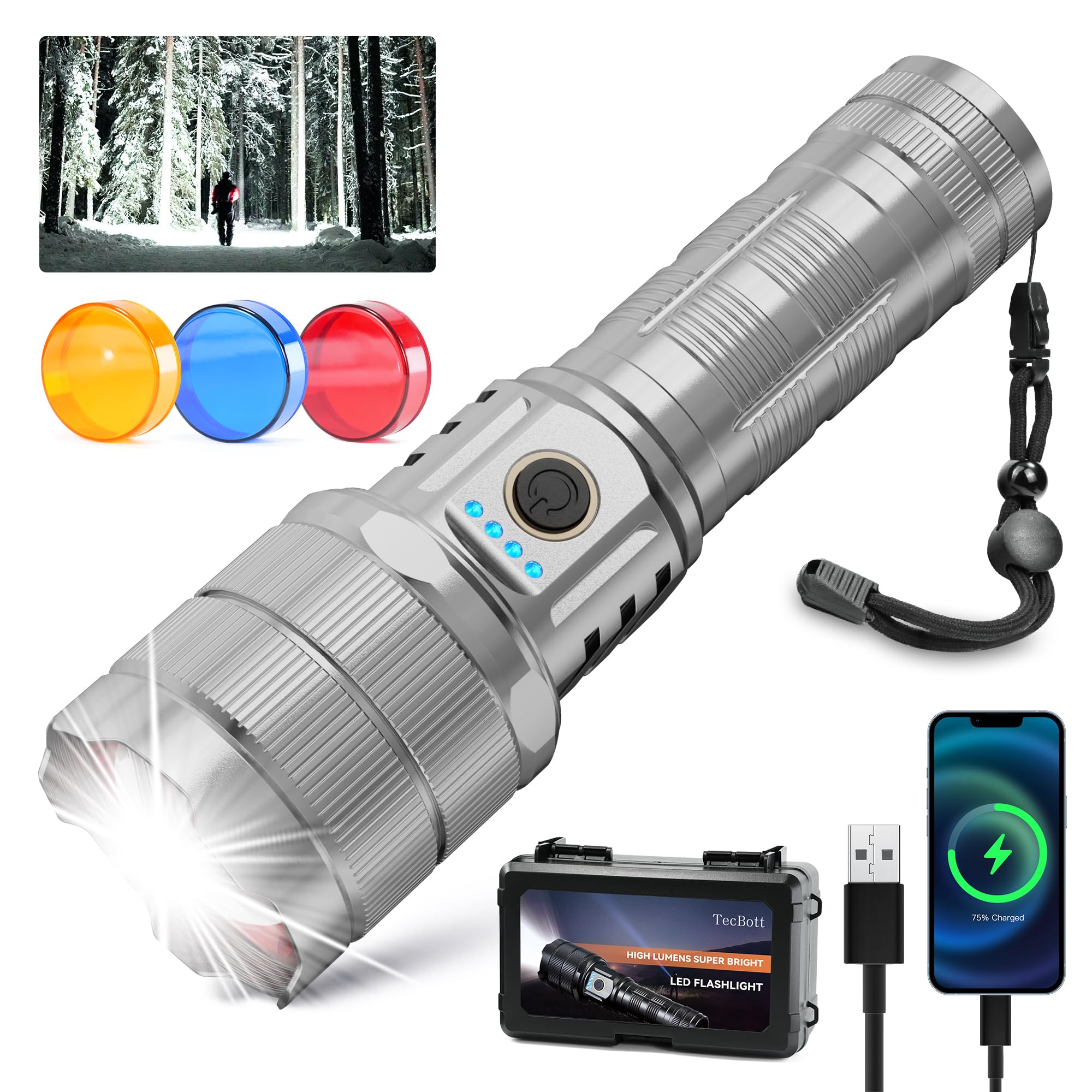 TECBOTT 10000 High Lumens Flashlights LED Rechargeable Tactical Flashlight 5 Modes Zoomable Fast Charging IPX6 Waterproof Flash